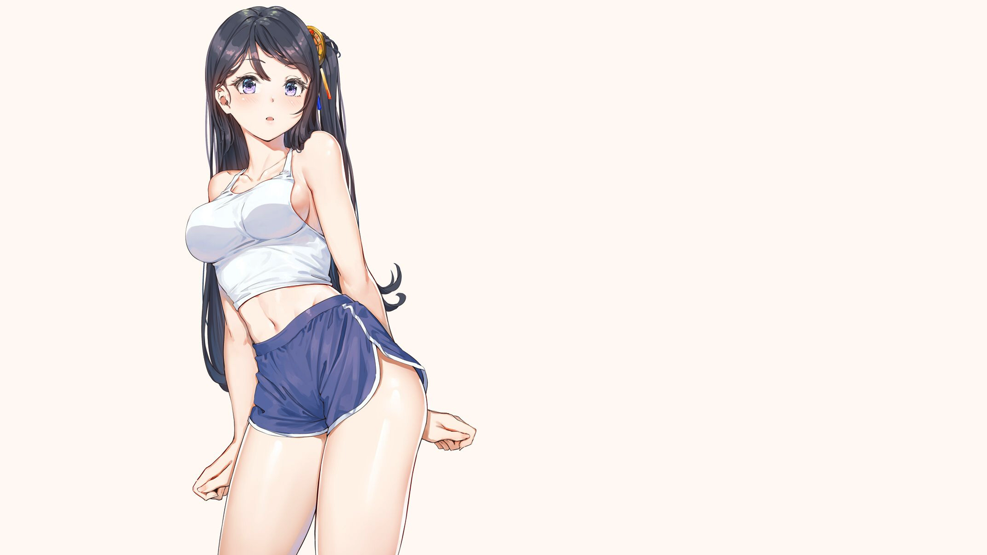 Anime 1920x1080 anime manga anime girls simple background shorts long hair short shorts camisole thighs belly