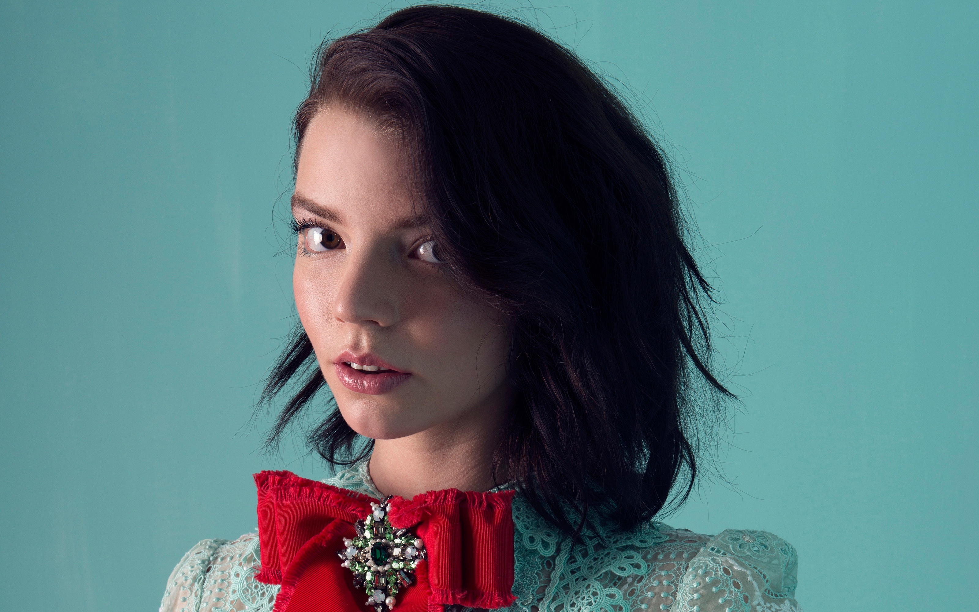 People 3200x2000 Anya Taylor-Joy  model actress women brunette looking at viewer simple background face sensual gaze juicy lips blue background short hair red tie open mouth see-through blouse closeup