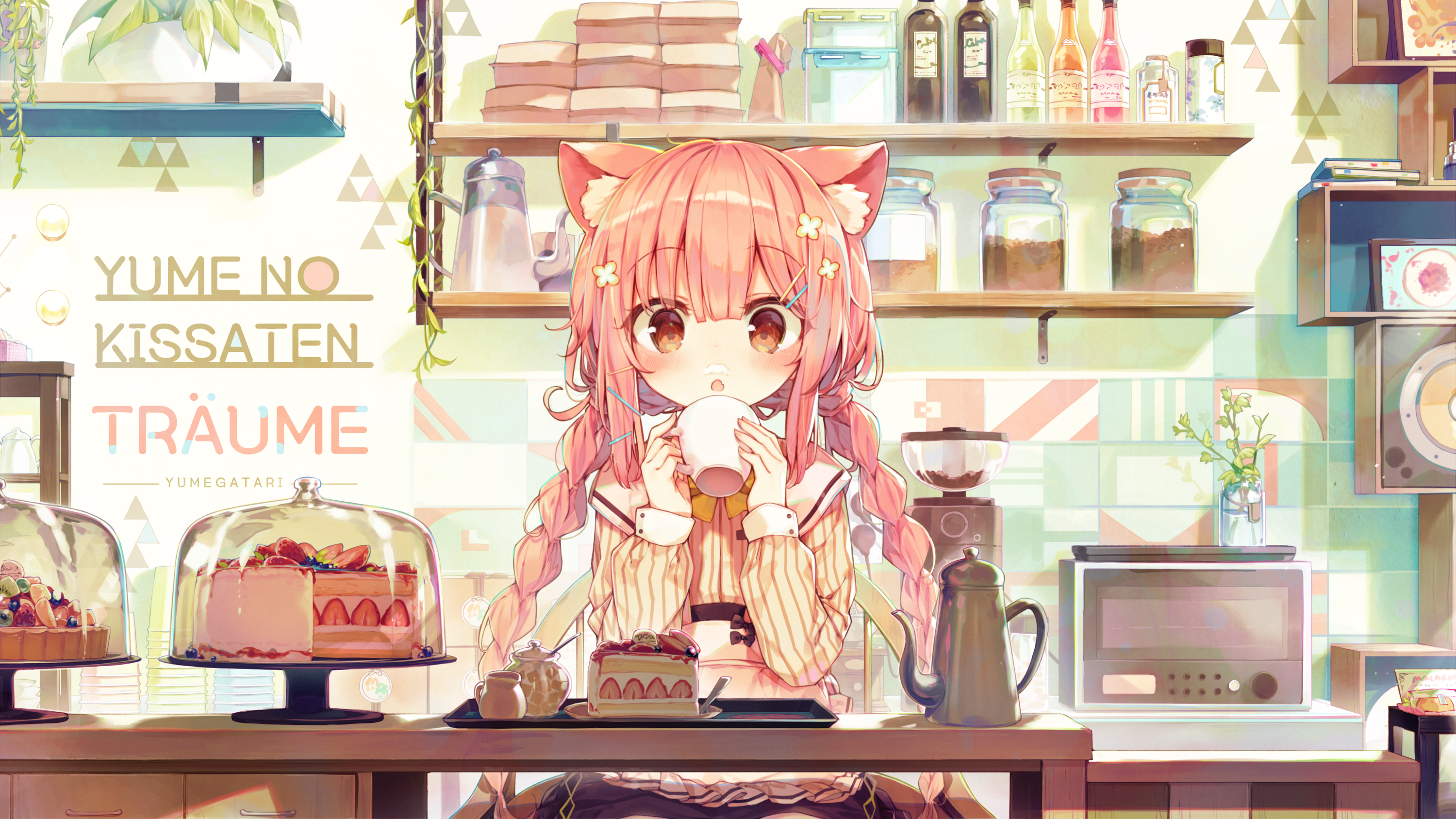 Anime 3000x1688 anime anime girls digital art artwork portrait Shnva animal ears pink hair braids brown eyes food cake cup cafe