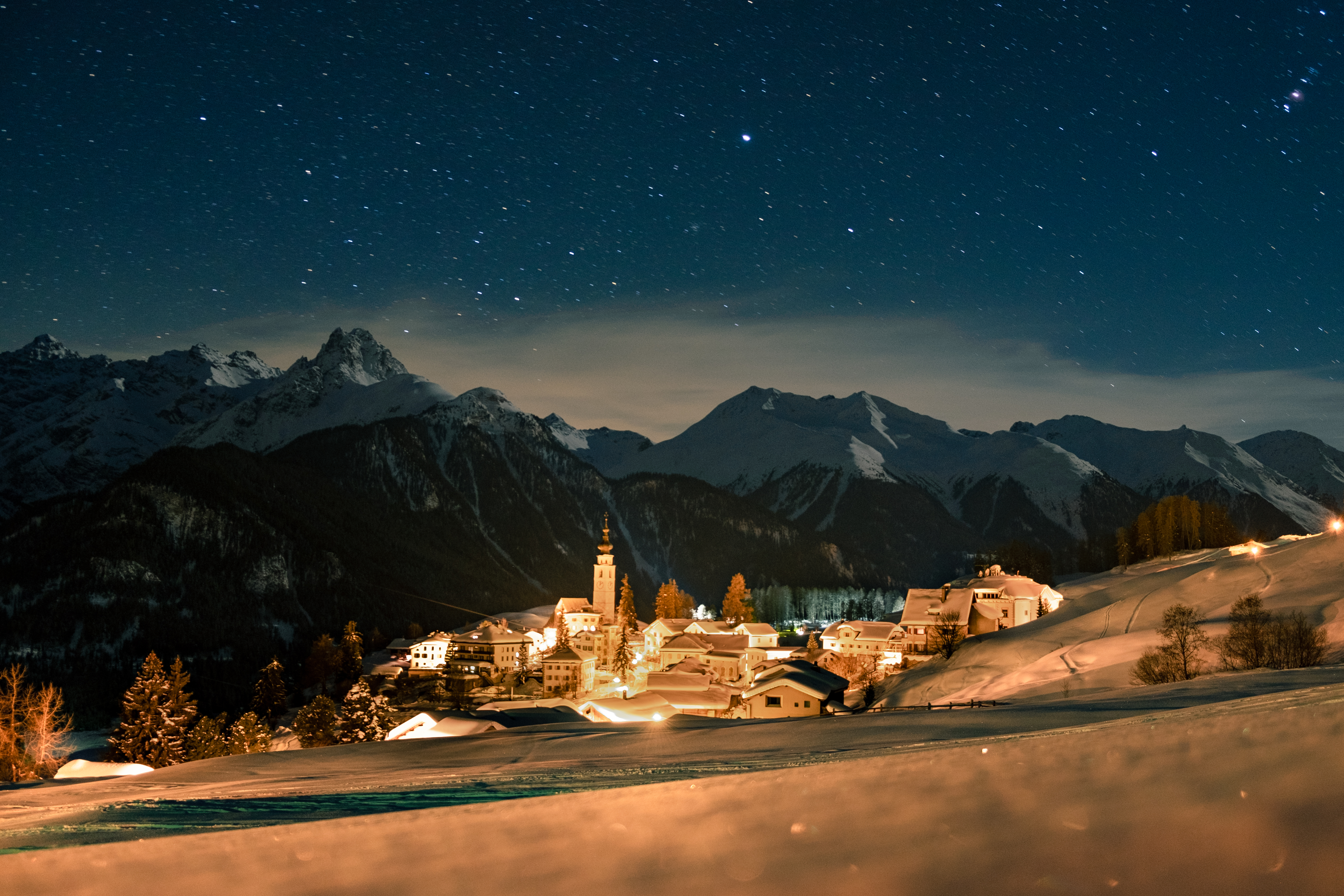 General 4896x3264 winter Switzerland sky stars night tower mountains low light