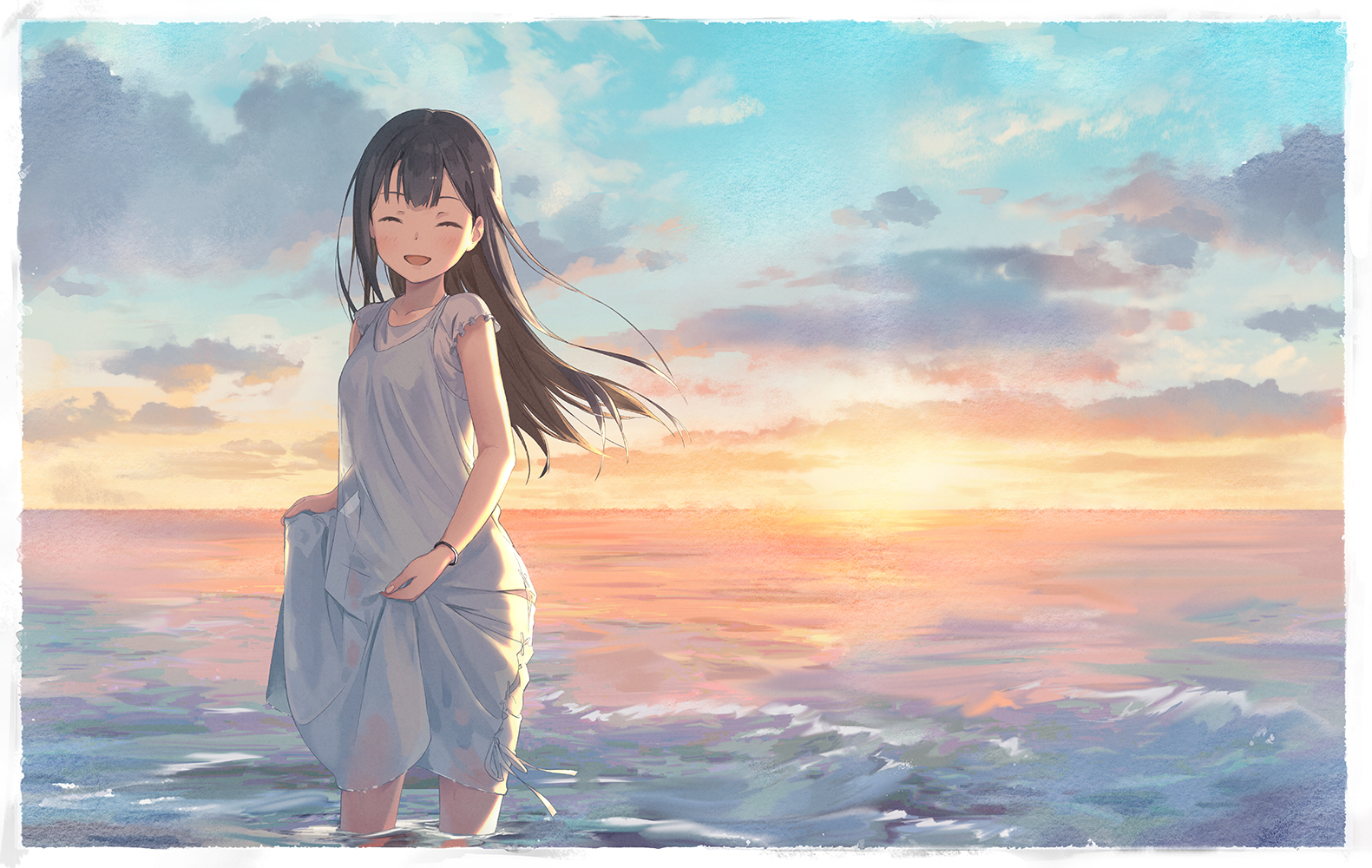Anime 1581x1000 anime anime girls digital art artwork portrait 2D brunette smiling dress sea sunset