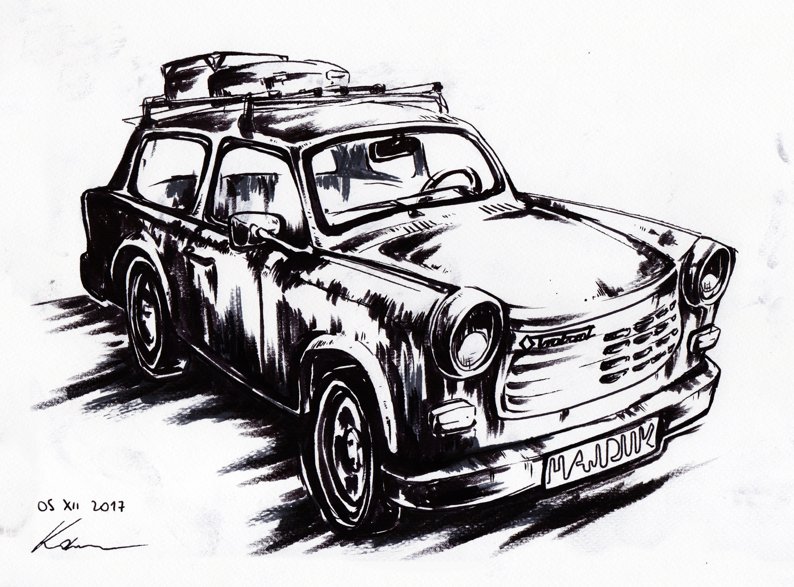 General 3000x2217 car Trabant DDR East Germany vehicle painting monochrome white background artwork