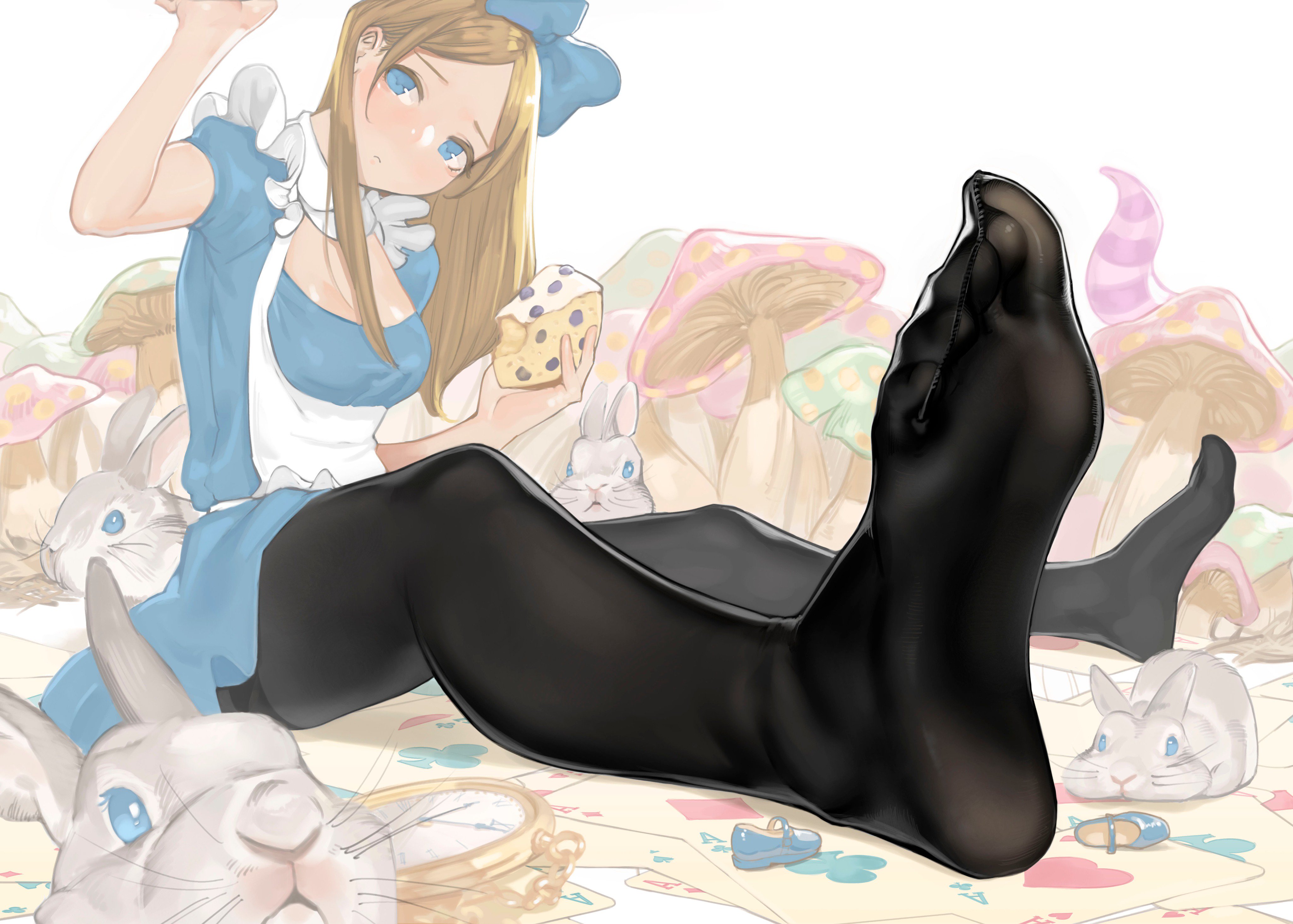 Anime 4096x2927 yomu pantyhose feet Alice in Wonderland white background bright
