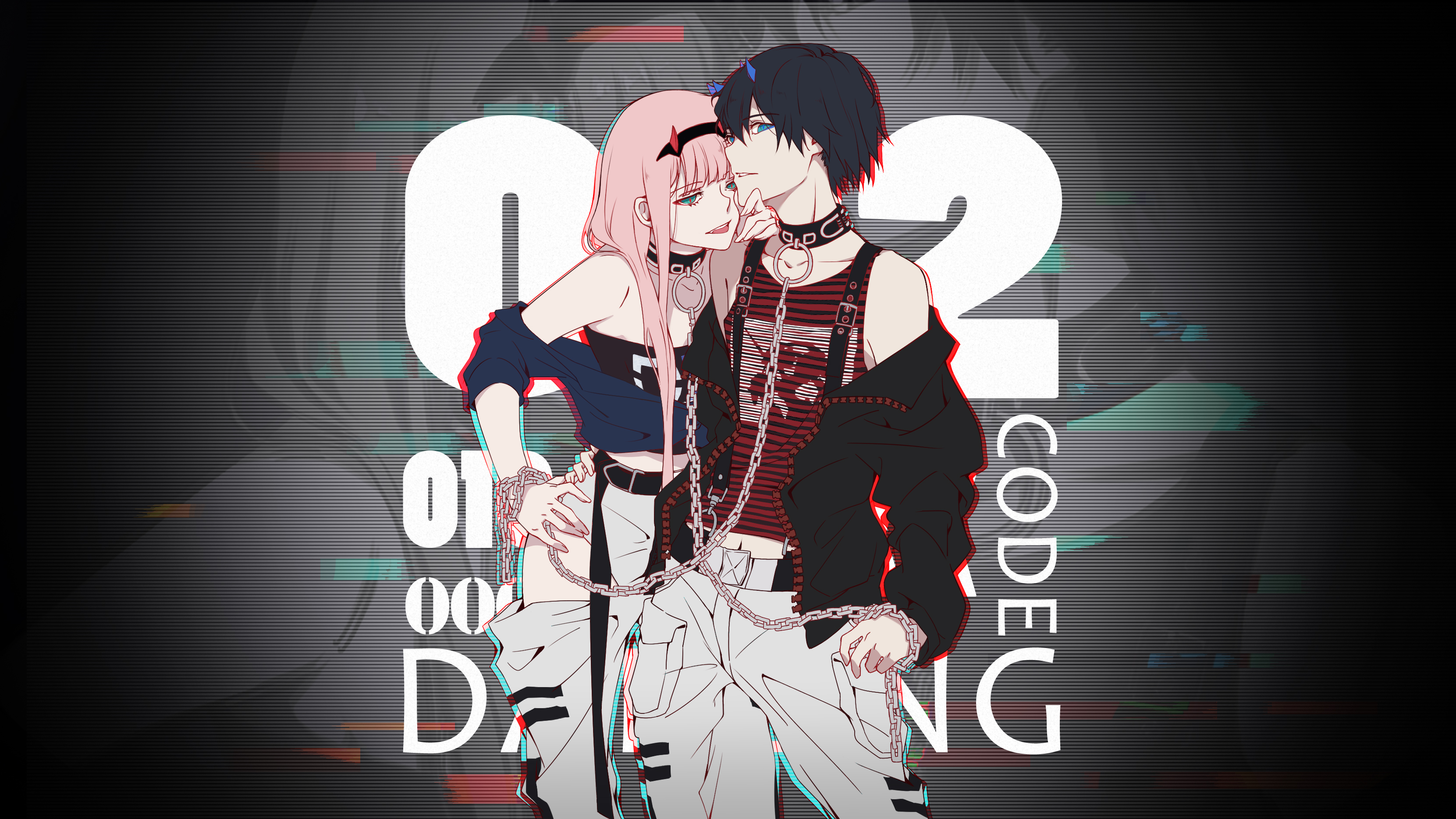 Anime 3322x1869 Darling in the FranXX Zero Two (Darling in the FranXX) Code:016 (Hiro)  pink hair long hair short hair black hair monster girl horns alternate costume hairband chains black jackets small boobs no bra sideboob thighs bare shoulders black top couple hand on face open mouth blunt bangs green eyes blue eyes looking at viewer 2D hands on hips curvy belly open jacket fan art anime long sleeves chenaze57
