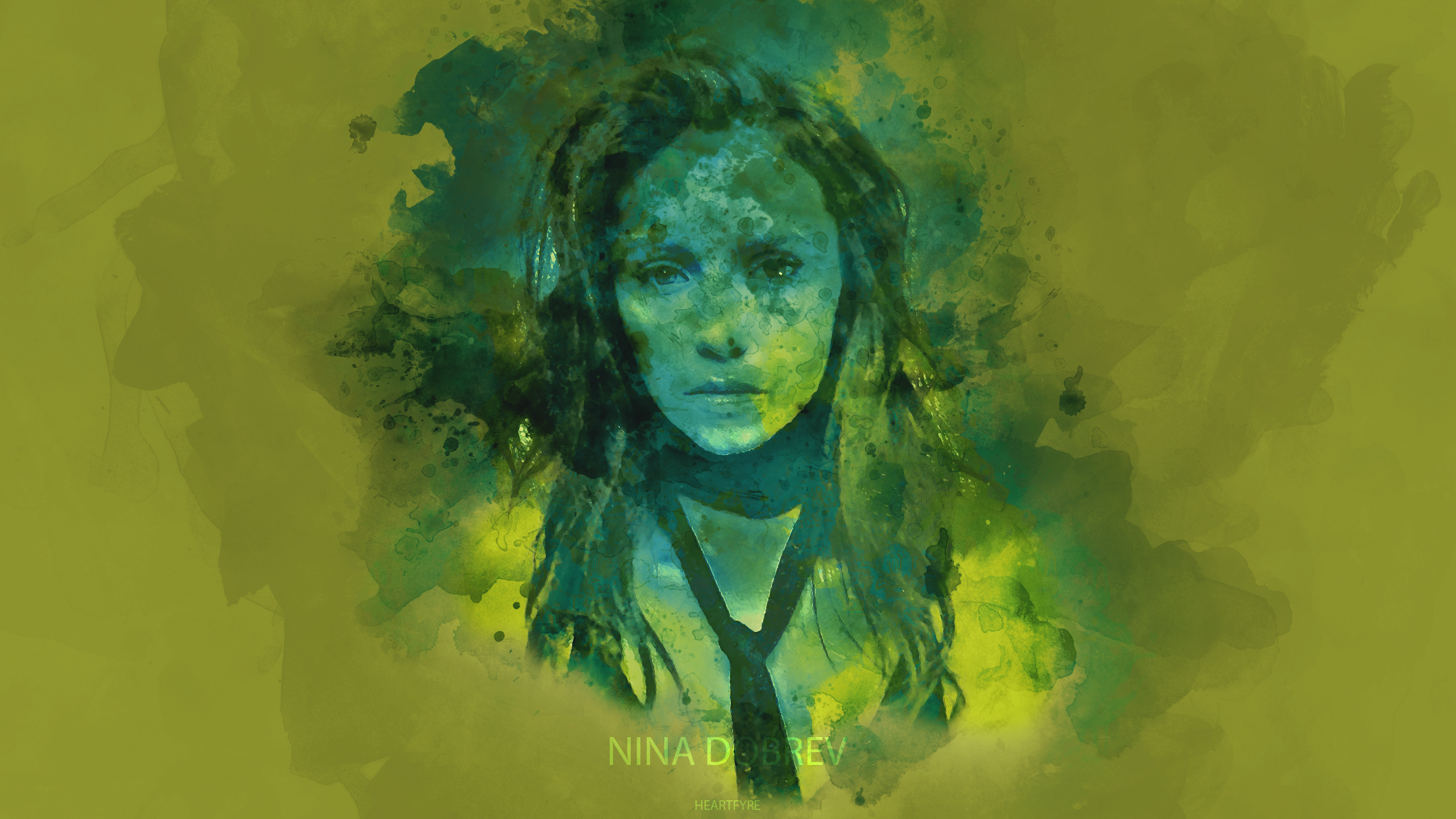 People 2560x1440 watercolor portrait green green background Nina Dobrev women