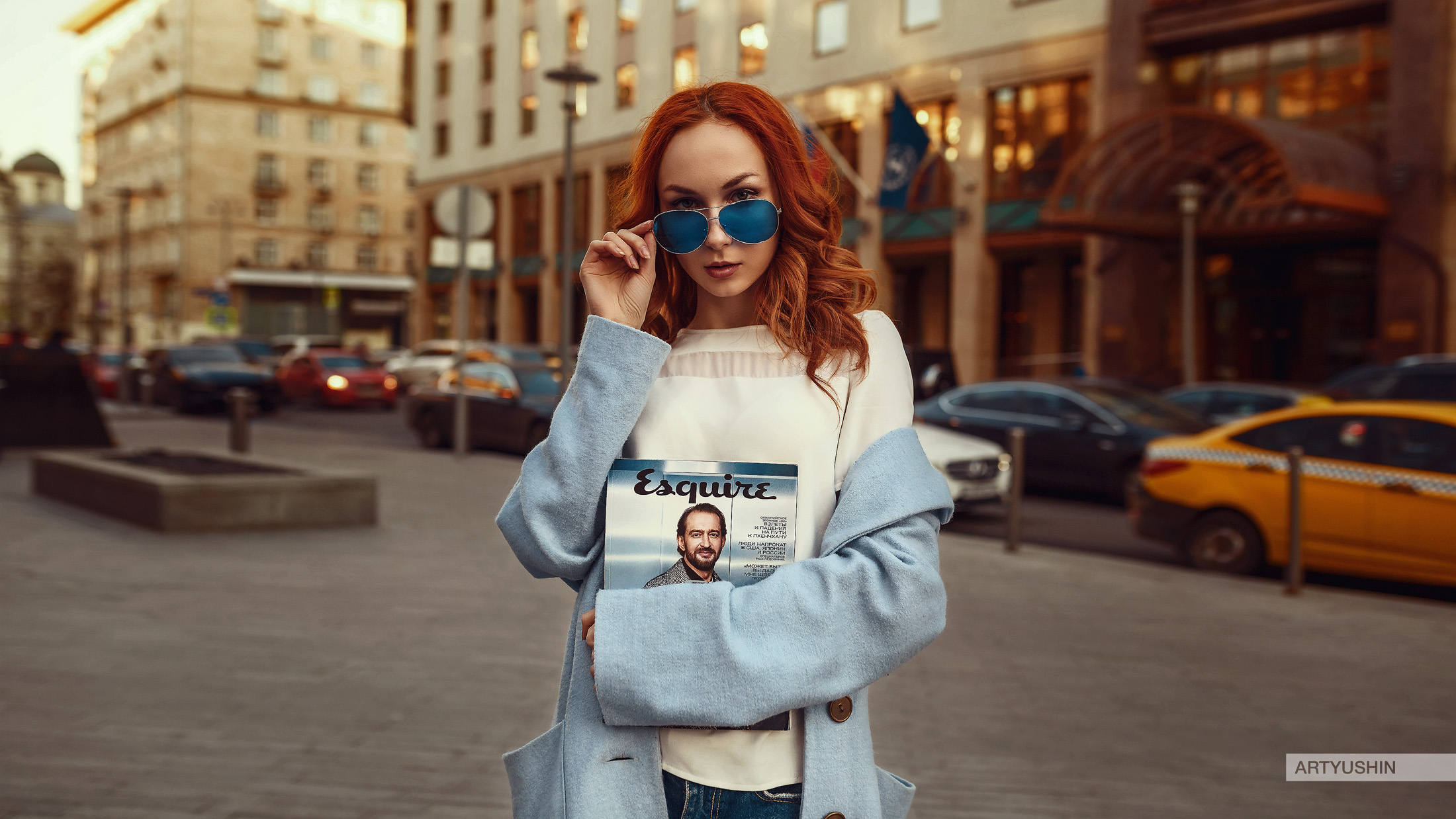 People 2200x1238 Anton Artyushin women model redhead women with shades looking at viewer depth of field portrait women outdoors street Anna Boevaya watermarked outdoors Russia Moscow