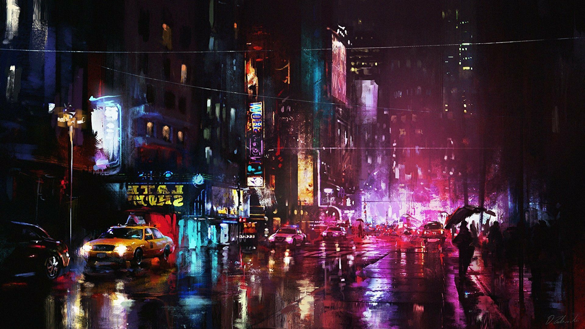Anime 1920x1080 Darek Zabrocki  cityscape artwork night urban neon city lights reflection pink