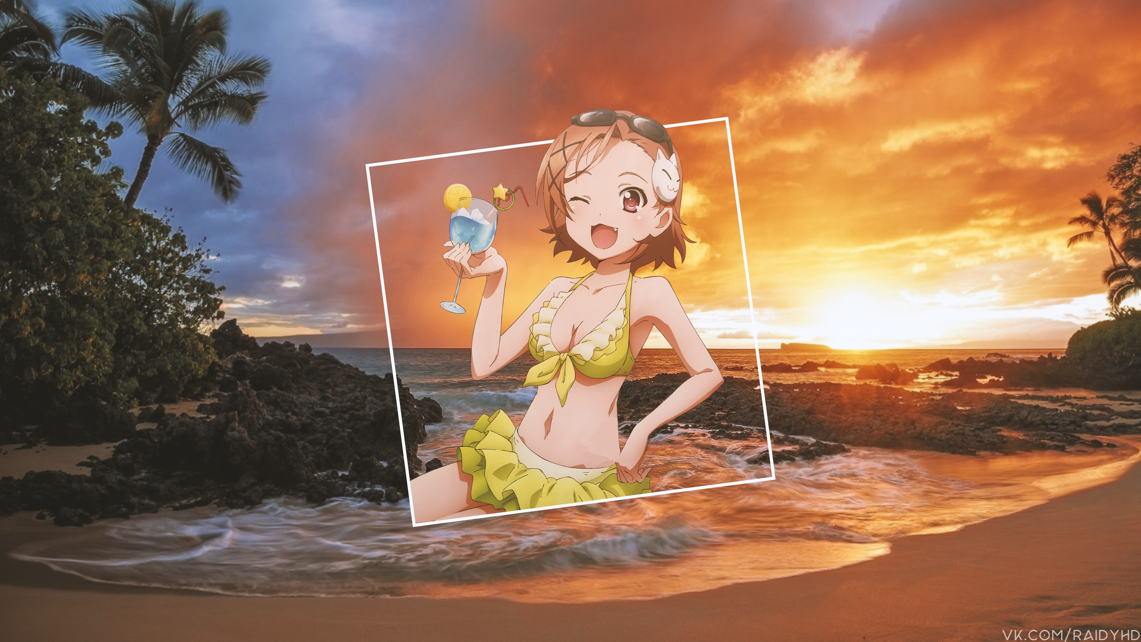 Anime 3840x2160 anime anime girls picture-in-picture bikini beach open mouth palm trees cocktails sunset Accel World