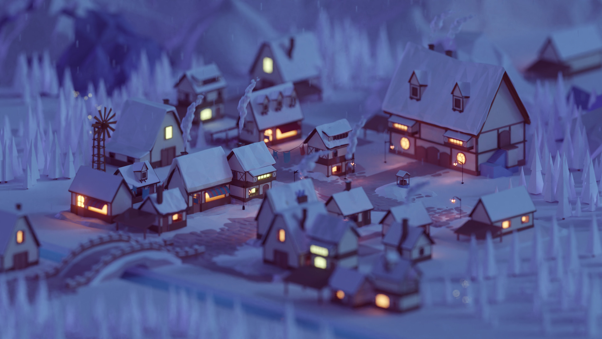 General 1920x1080 Mohamed Chahin render geometry nature forest trees street city night winter house macro low poly