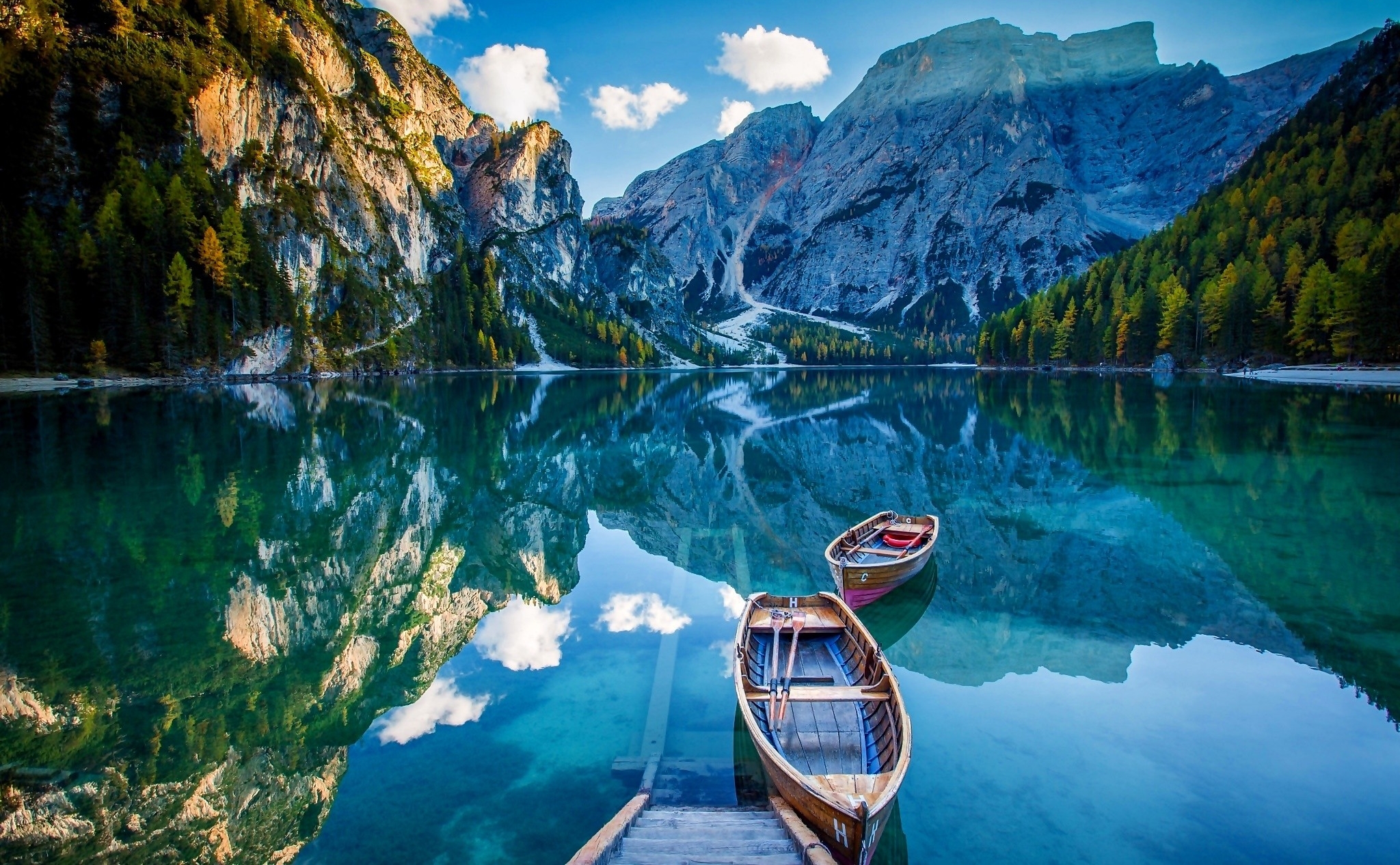 General 2048x1266 landscape mountains lagoon boat nature clear sky bridge reflection environment water vehicle Italy Pragser Wildsee clouds sky trees South Tyrol