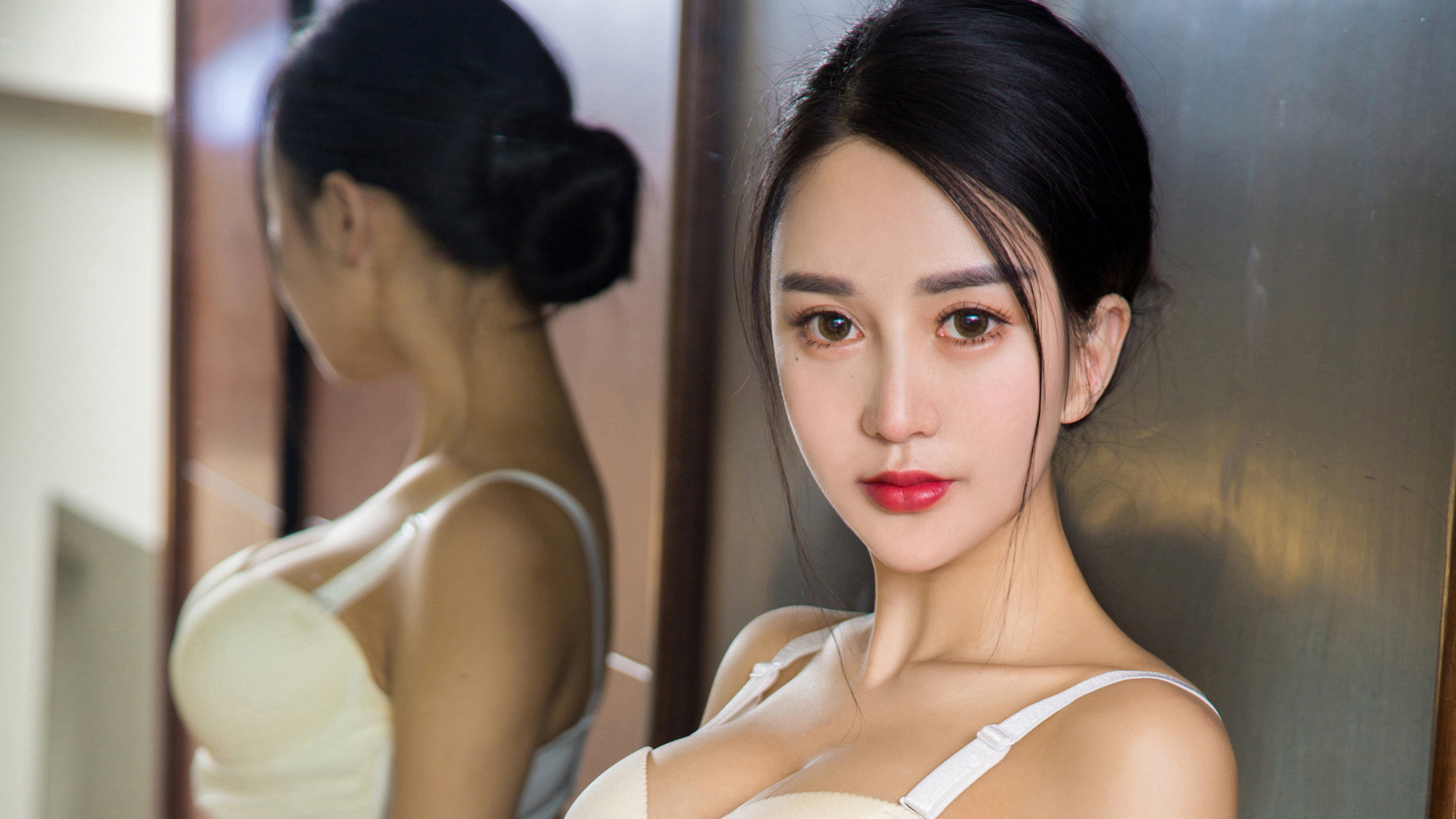 People 1920x1080 women model photography Asian portrait dark hair red lipstick mirror reflection