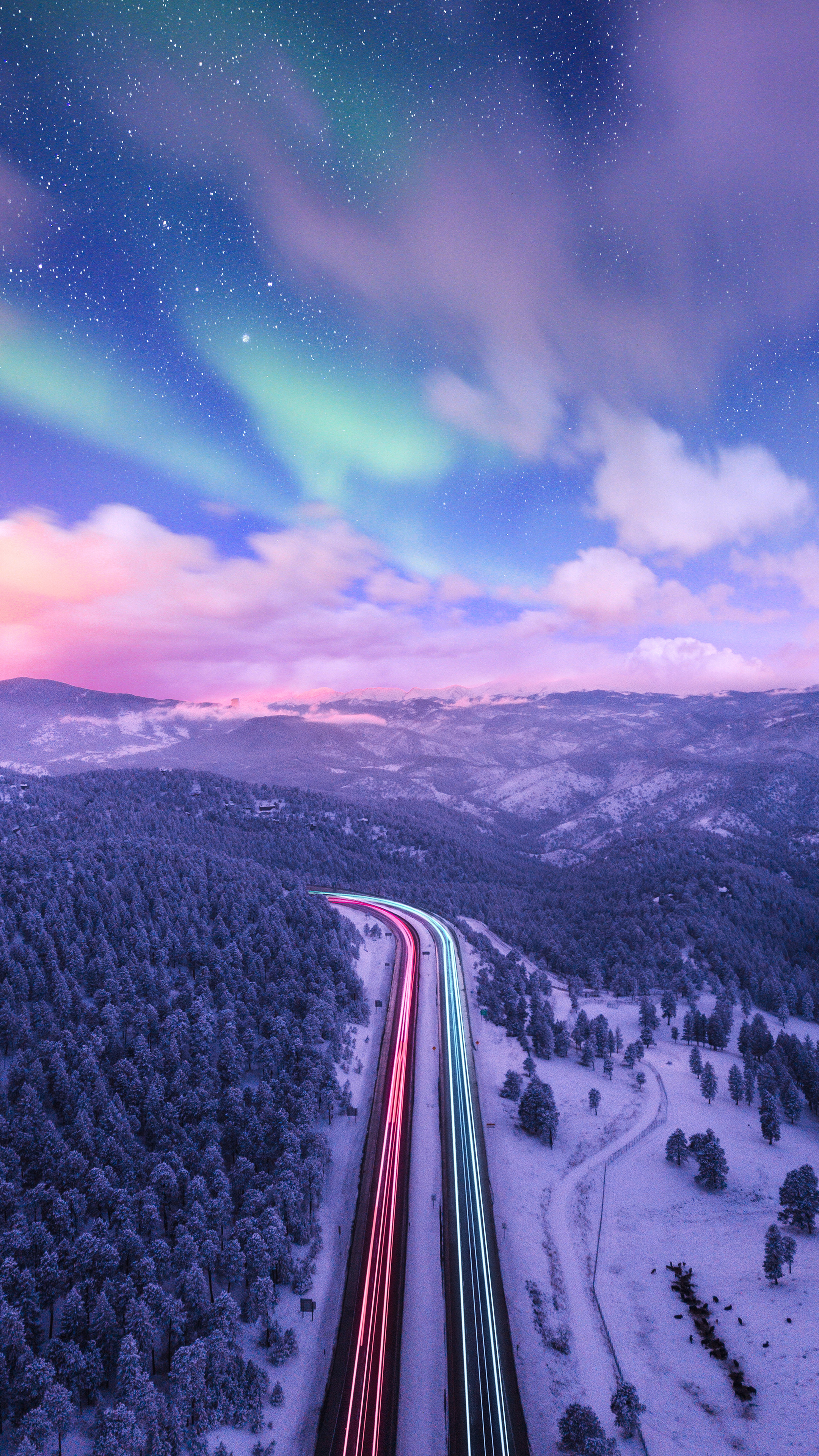 General 2160x3840 mountains road long exposure snow aurorae stars sky winter highway blue light trails aerial view portrait display