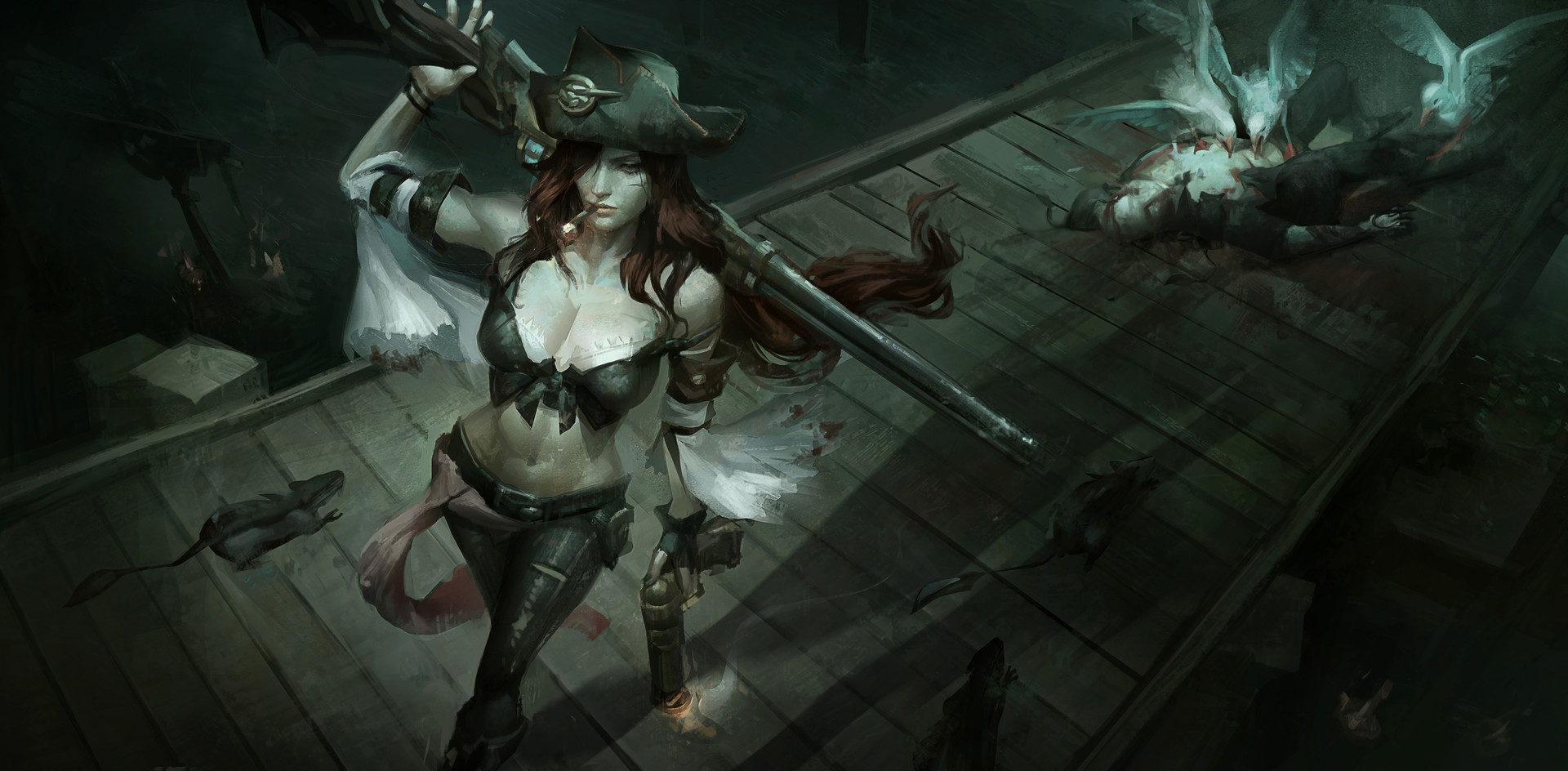 General 1920x944 digital art artwork video games women redhead cleavage belly pirate hat gun cigars rats pirates tight clothing corpse Miss Fortune (League of Legends) League of Legends high angle murder birds ArtStation video game girls video game characters bra weapon girls with guns hat smoking women with hats Marie Magny