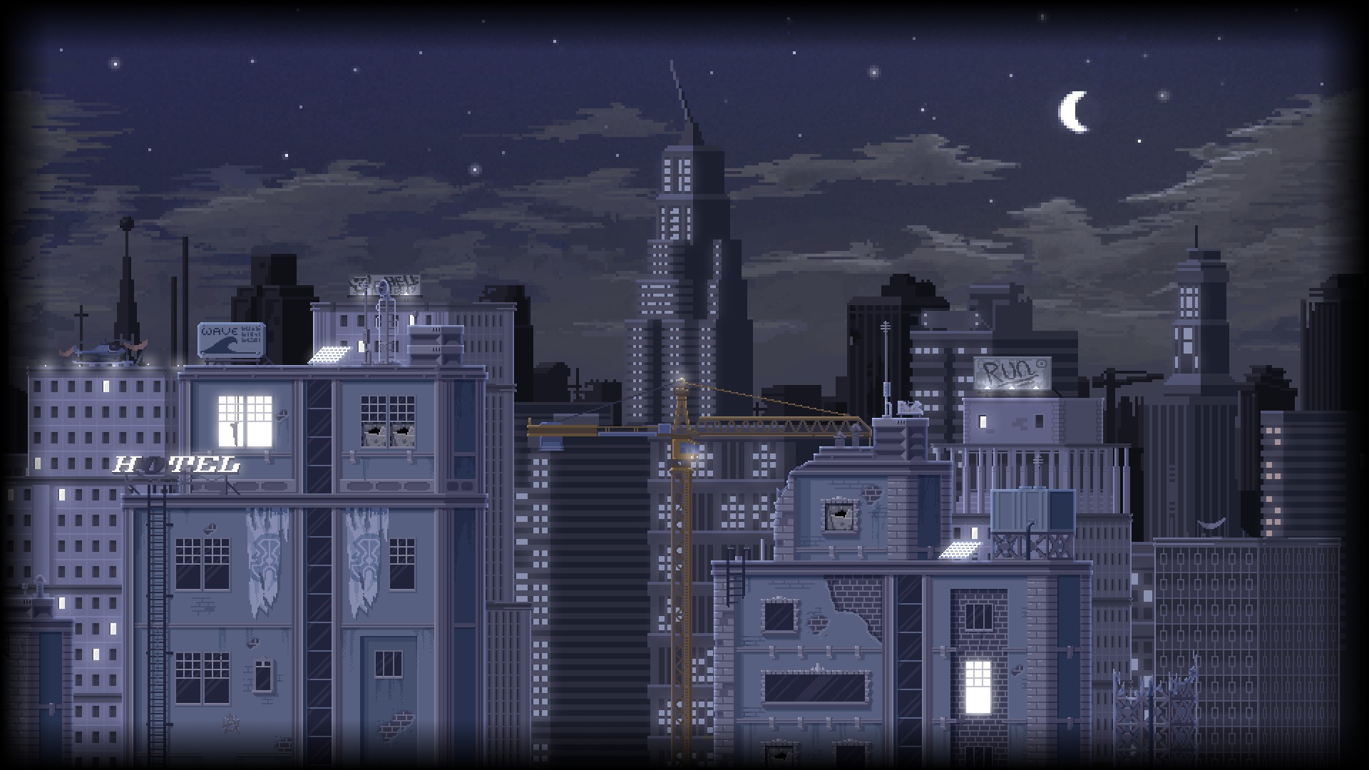 General 1920x1080 pixels pixel art pixelated cityscape building skyscraper starry night Moon clouds cranes (machine) digital art