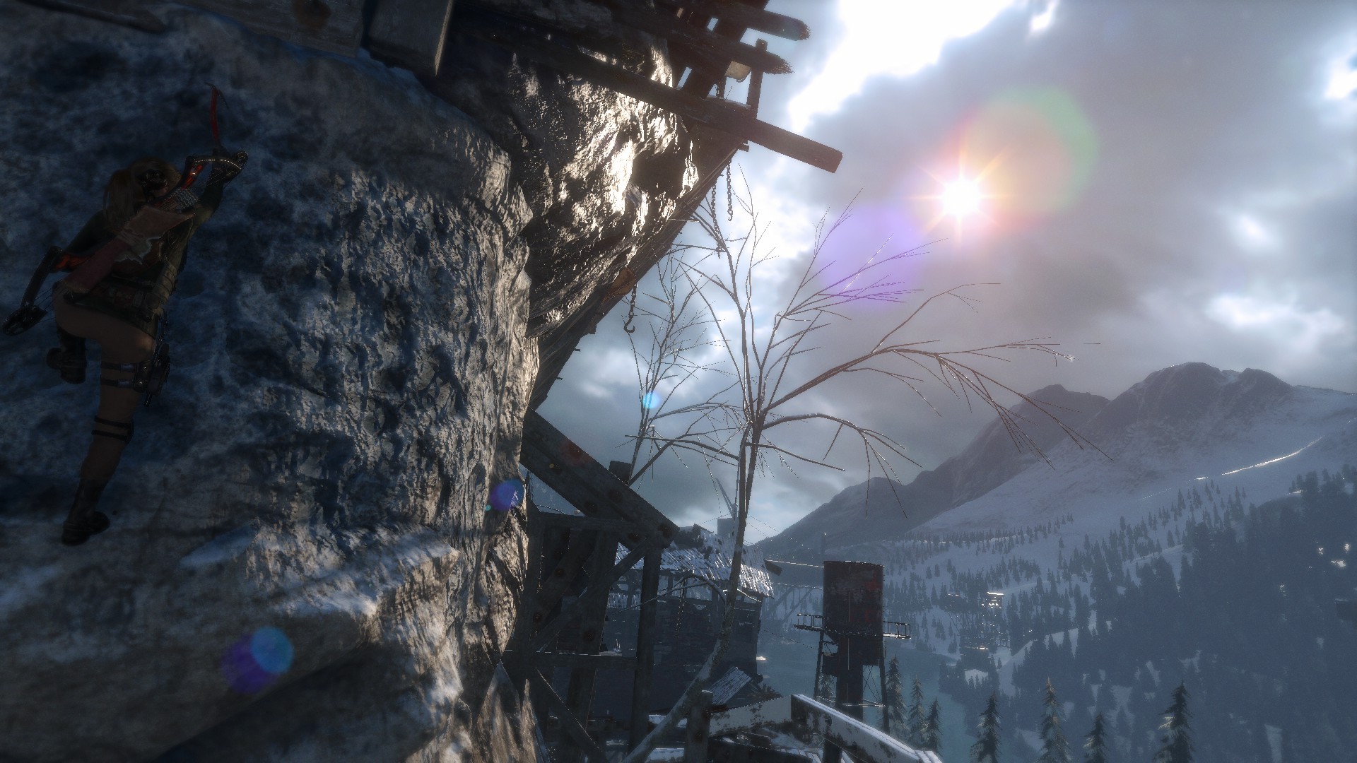 General 1920x1080 Rise of the Tomb Raider rear view winter snow mountains climbing brunette looking into the distance Lara Croft (Tomb Raider) rock climbing screen shot video games PC gaming