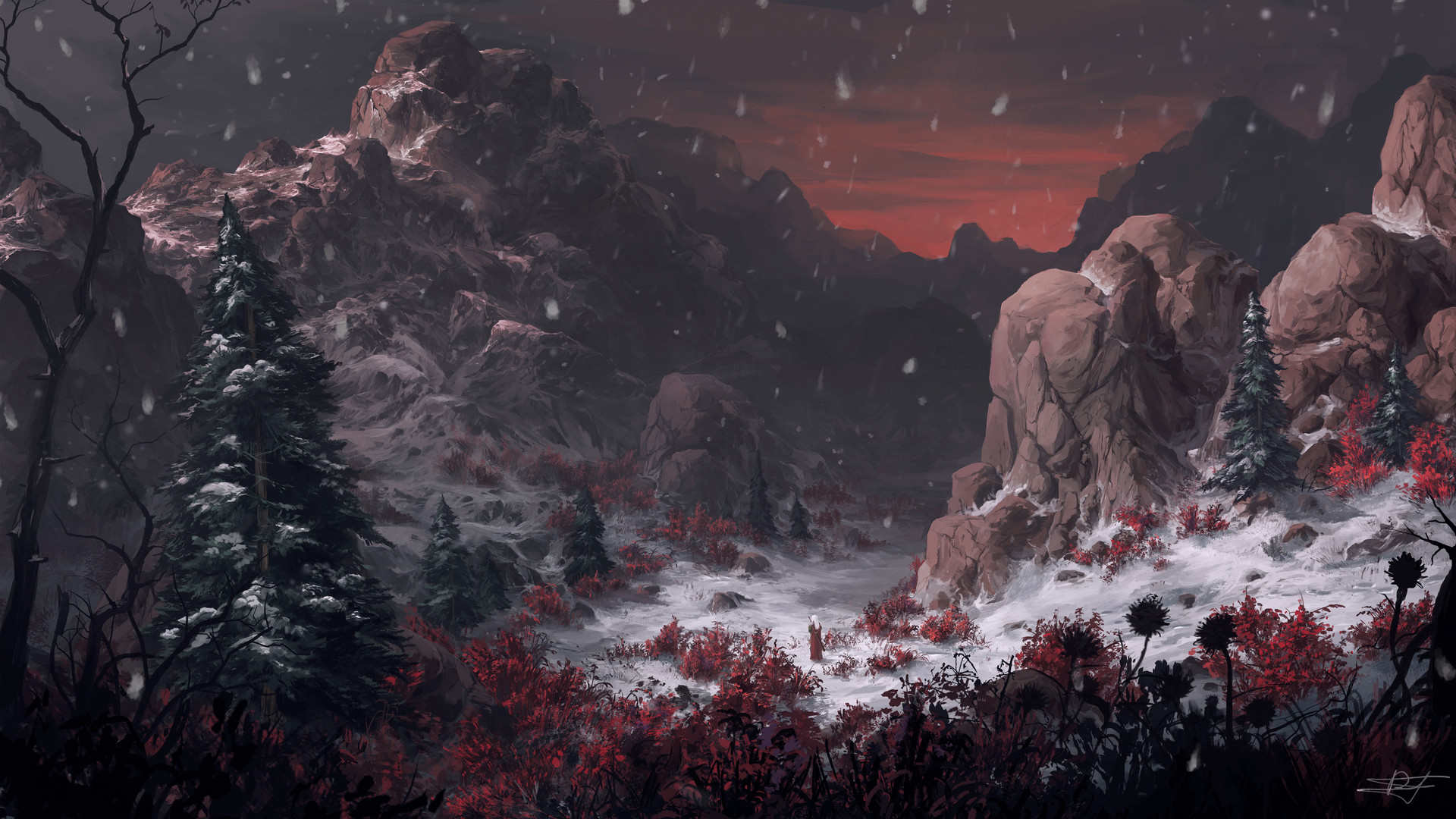 General 1920x1080 landscape mountains artwork digital art fantasy art winter snow rocks red Max Suleimanov watermarked