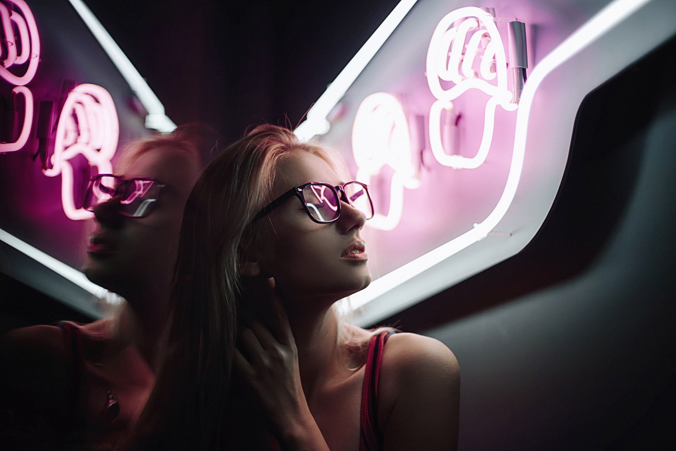 People 2560x1707 women model blonde closed eyes women with glasses glasses reflection neon portrait face hand on neck closeup
