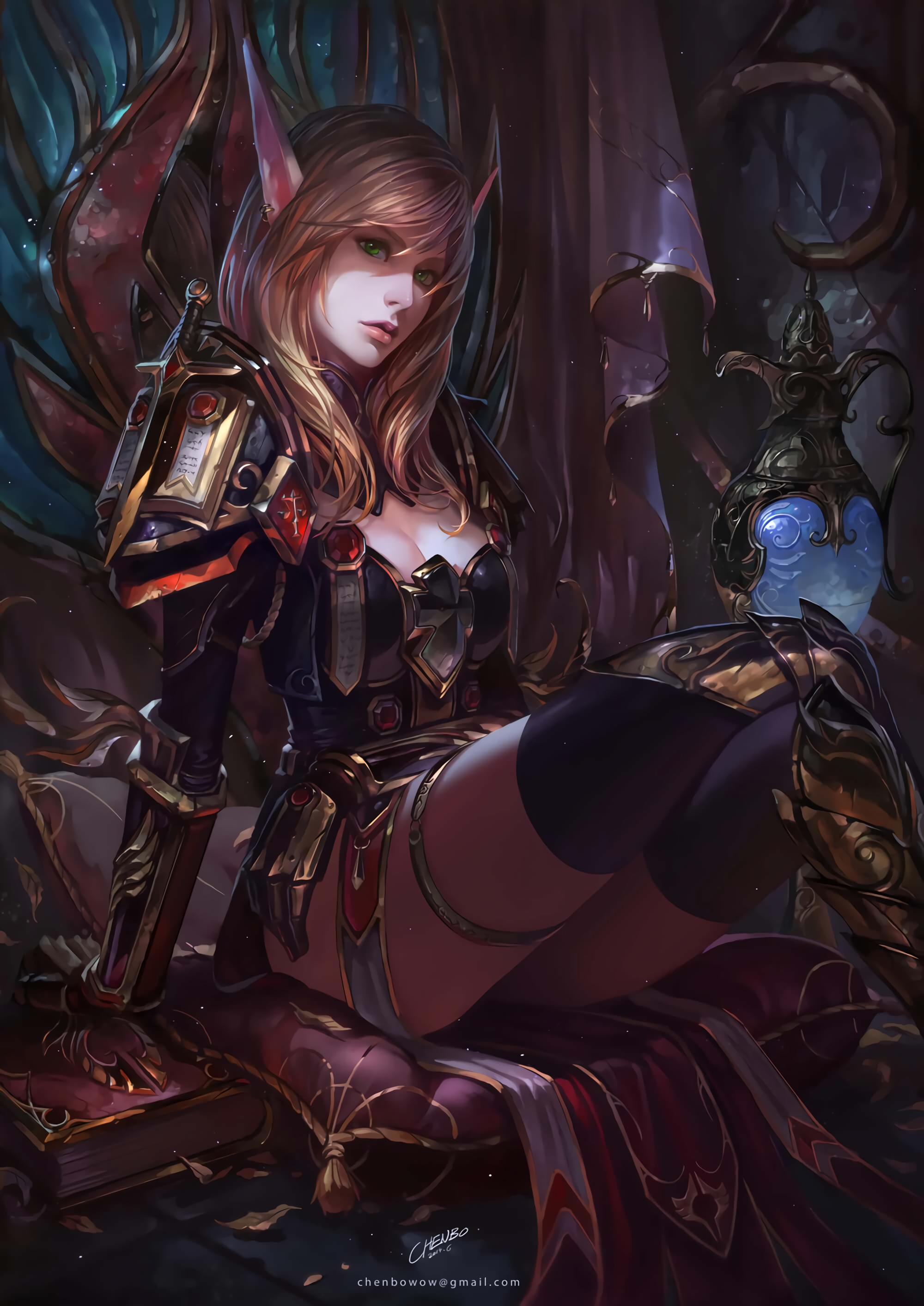 General 2000x2828 digital art artwork portrait portrait display video games Blizzard Entertainment women Warcraft World of Warcraft pointy ears looking at viewer blonde Chenbo thighs thigh-highs cleavage blue eyes blood elves elves