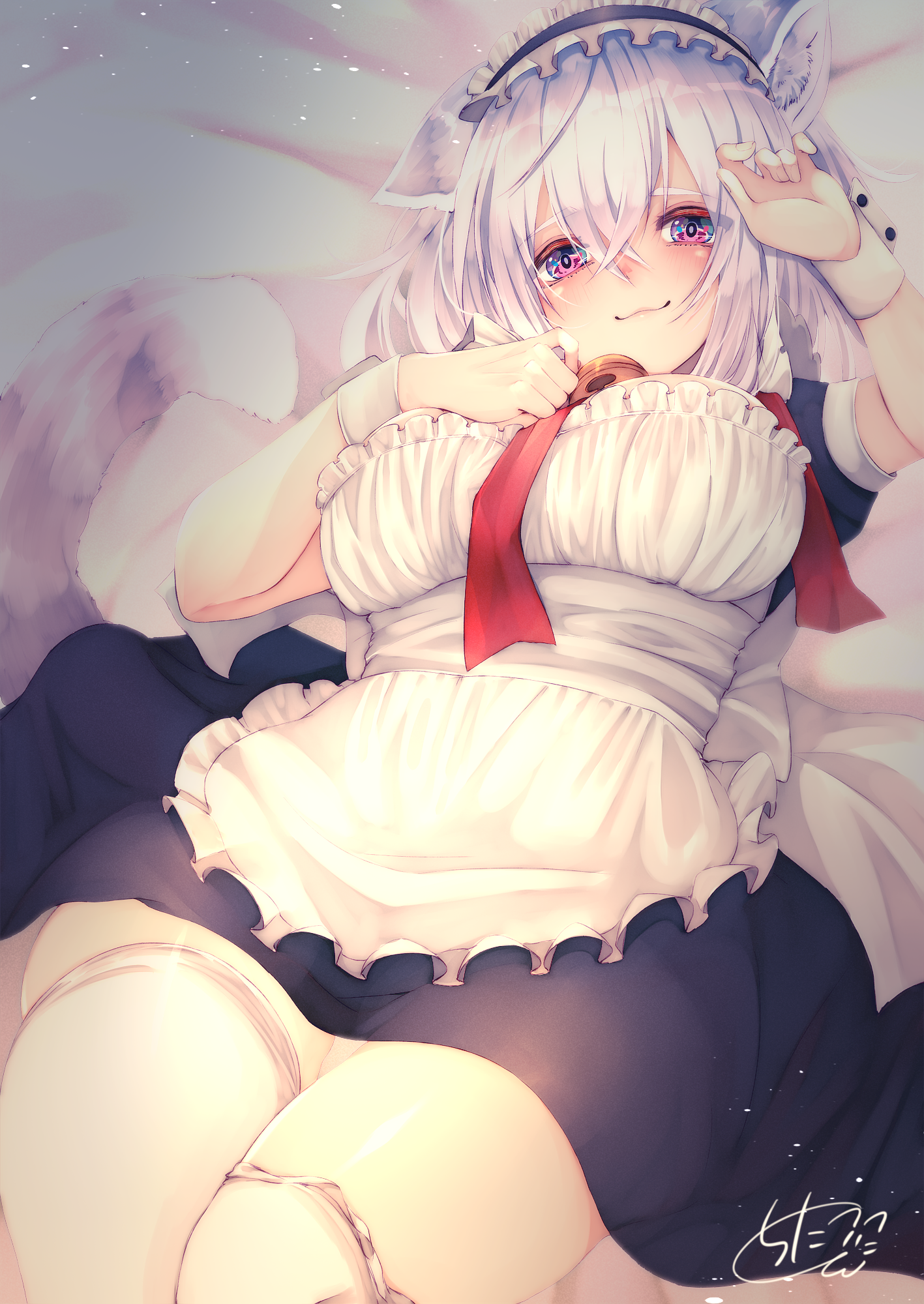 Anime 1417x2000 anime girls anime original characters fantasy girl cat girl animal ears cat ears tail maid dress looking at viewer lying on back blushing smiling thigh-highs portrait display artwork drawing digital art illustration 2D chita (ketchup) maid outfit