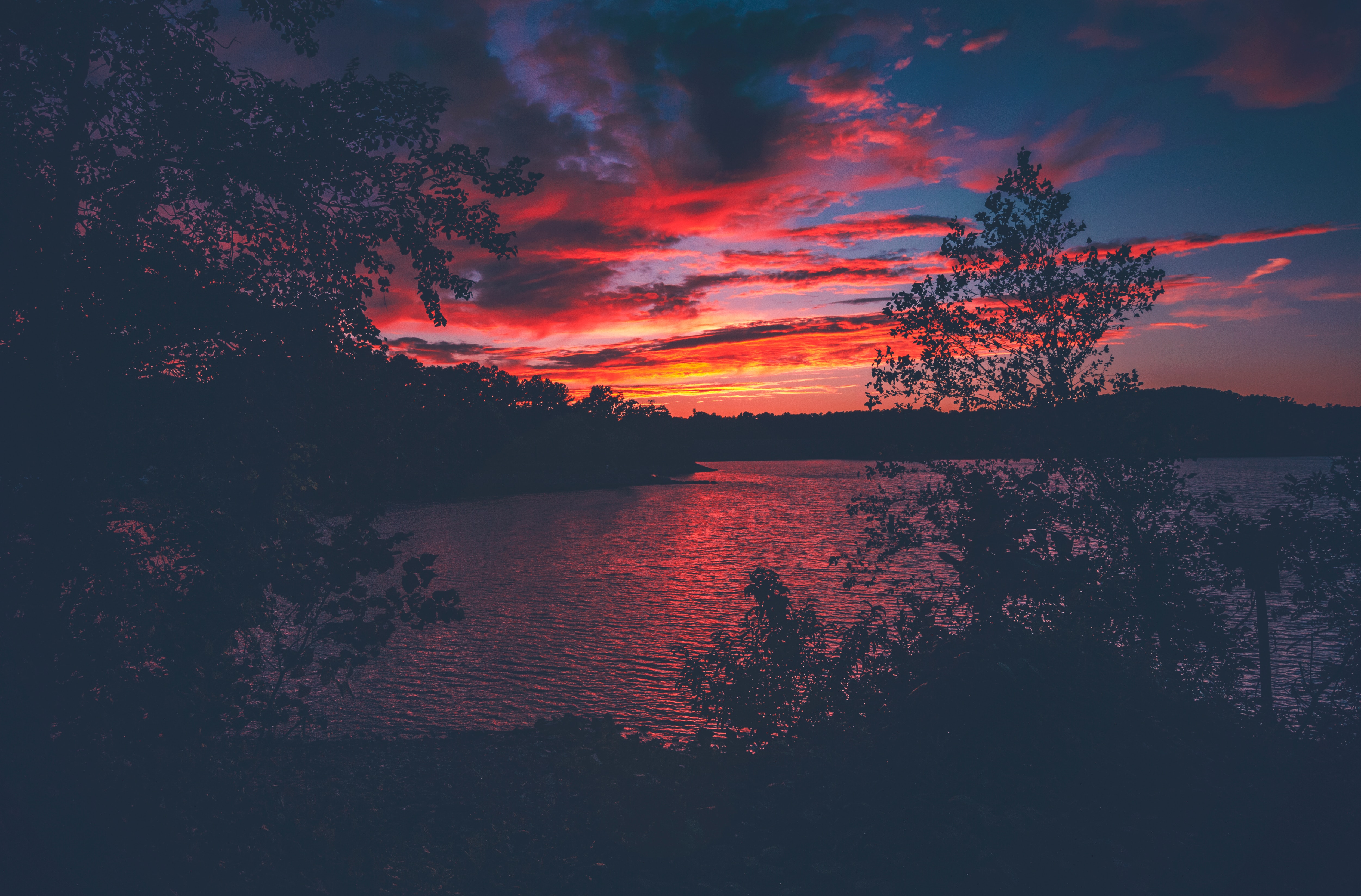 General 5002x3294 silhouette trees Lake Lanier USA dusk sunset red red sky lake