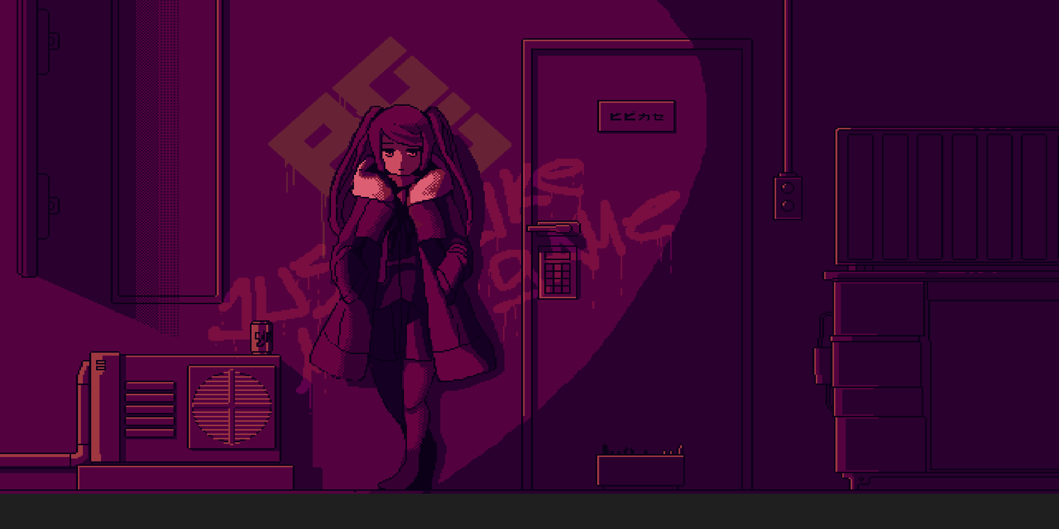 Anime 2160x1080 Va-11 Hall-A pixel art purple background frontal view Julianne Stingray