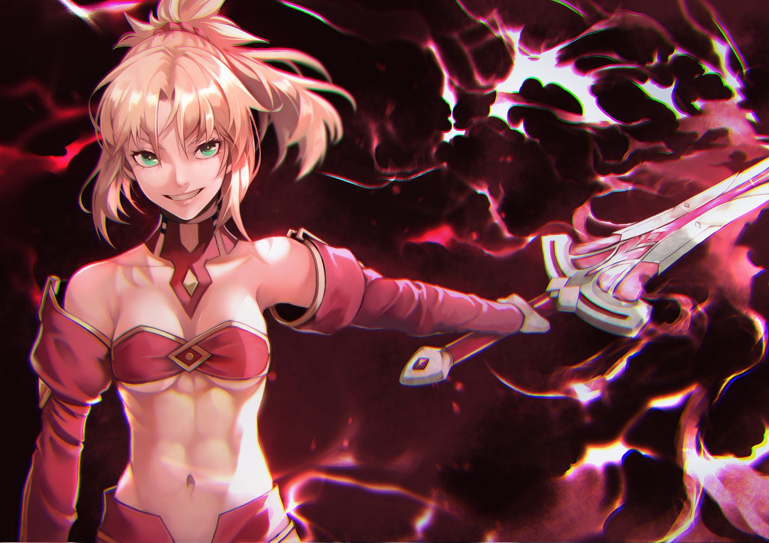 Anime 1500x1060 Fate series Fate/Grand Order Fate/Apocrypha  anime girls 2D small boobs women with swords open mouth smiling no bra cleavage ponytail looking at viewer abs 6-pack green eyes Mordred (Fate/Apocrypha) belly button fan art female warrior blonde