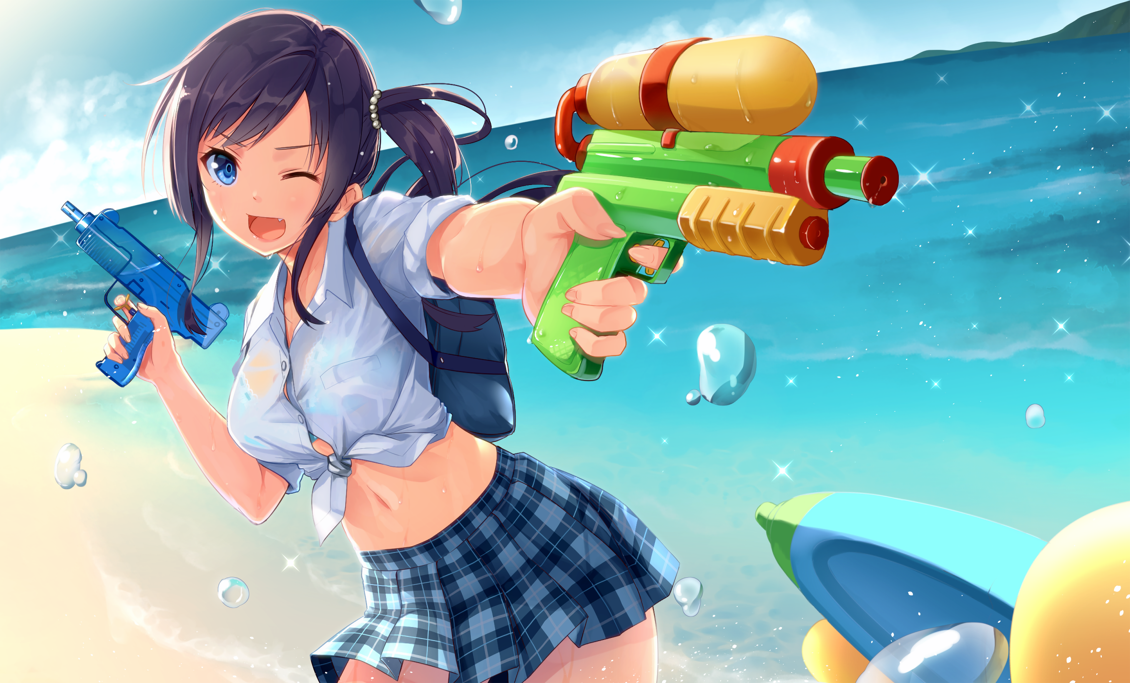 Anime 3840x2323 anime anime girls original characters water guns skirt beach open mouth miniskirt colorful blue eyes