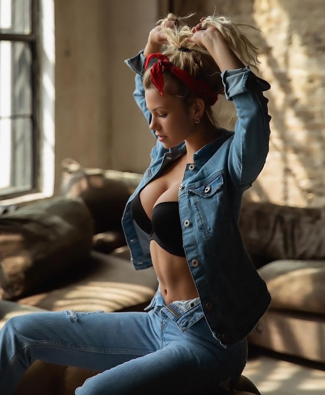 People 1080x1313 Aleksandr Mavrin women Nata Lee blonde hands in hair hair accessories jacket open clothes denim bra lingerie jeans torn clothes cleavage model women indoors black bras arms up