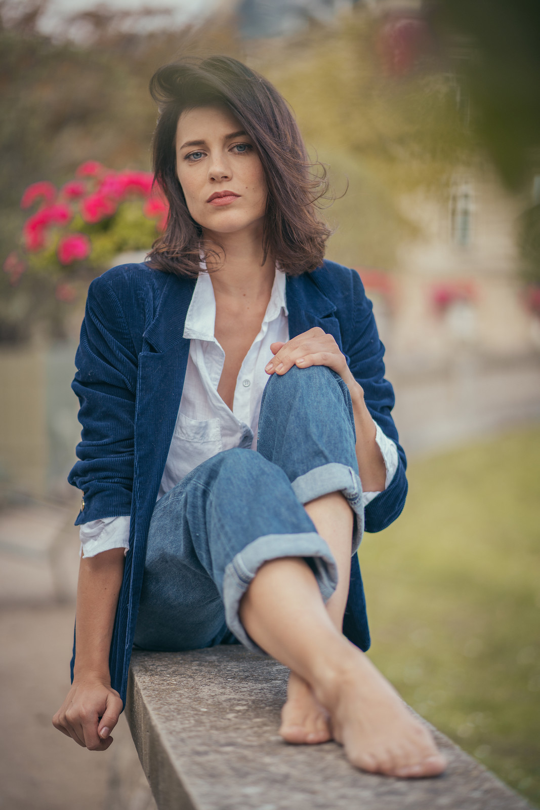 People 1067x1600 Alice Dufour women actress brunette dark hair blue eyes feet barefoot women outdoors plants flowers sitting French French actress