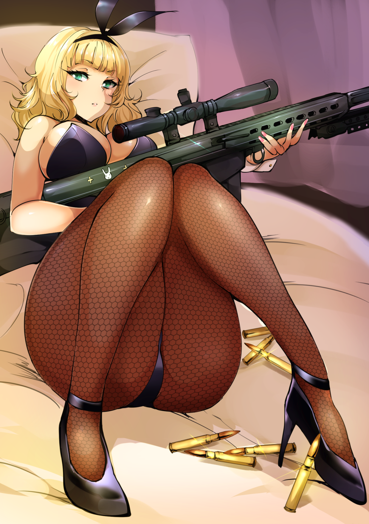 Anime 1238x1759 anime anime girls digital art artwork 2D portrait display rifles ammunition high heels bunny suit bunny girl in bed ass