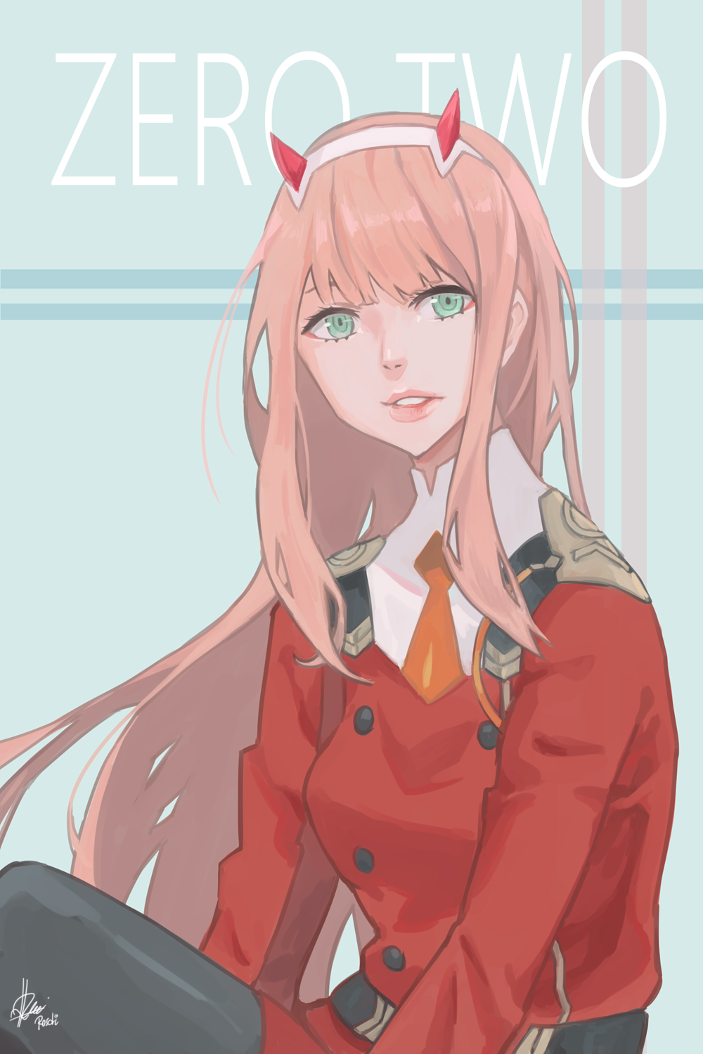 Anime 1000x1500 Darling in the FranXX anime girls 2D fan art digital art portrait display long hair pink hair horns small boobs simple background black stockings green eyes Zero Two (Darling in the FranXX) looking at viewer