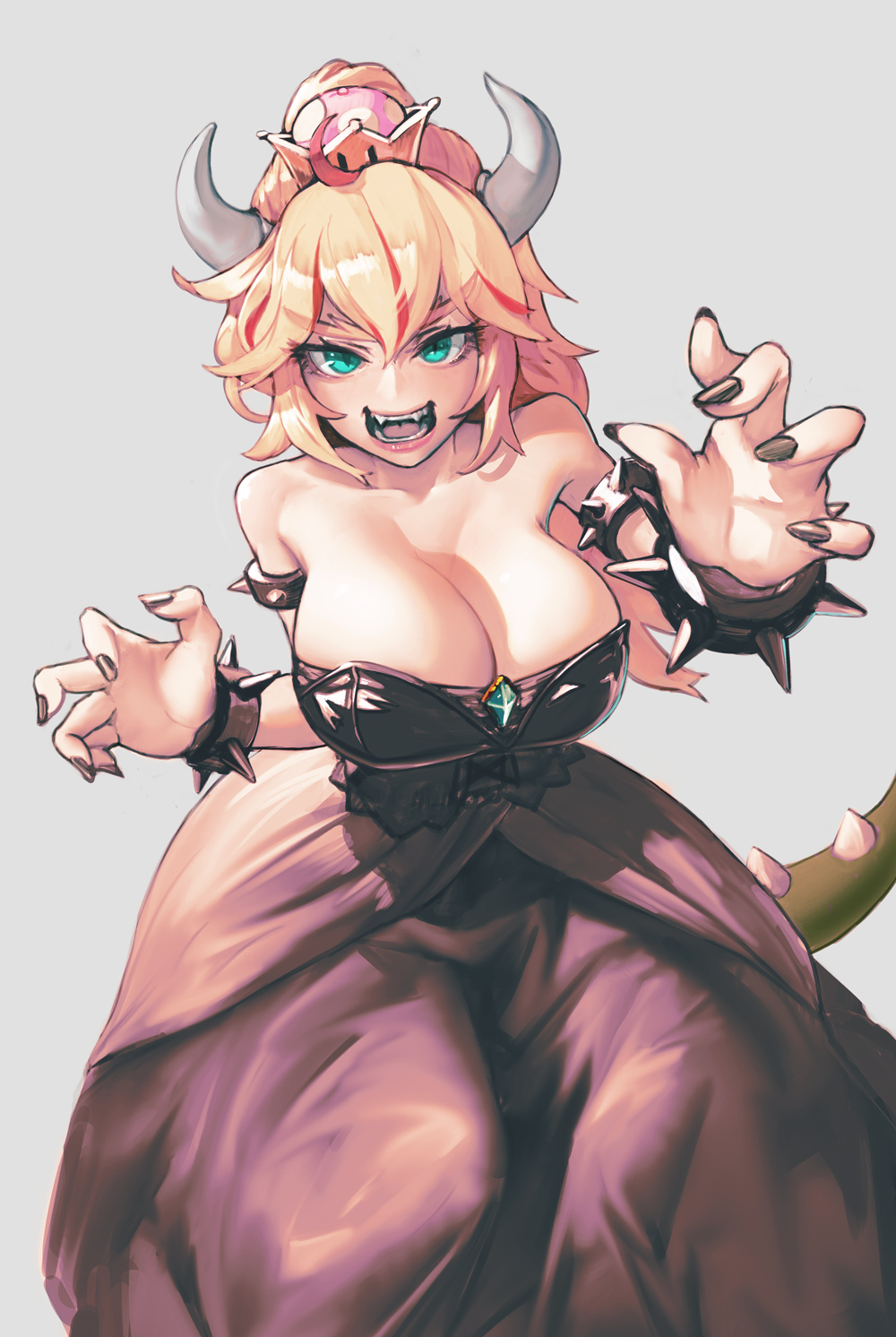 Anime 1000x1492 big boobs Bowsette cleavage wristband spikes anime dress frontal view long nails