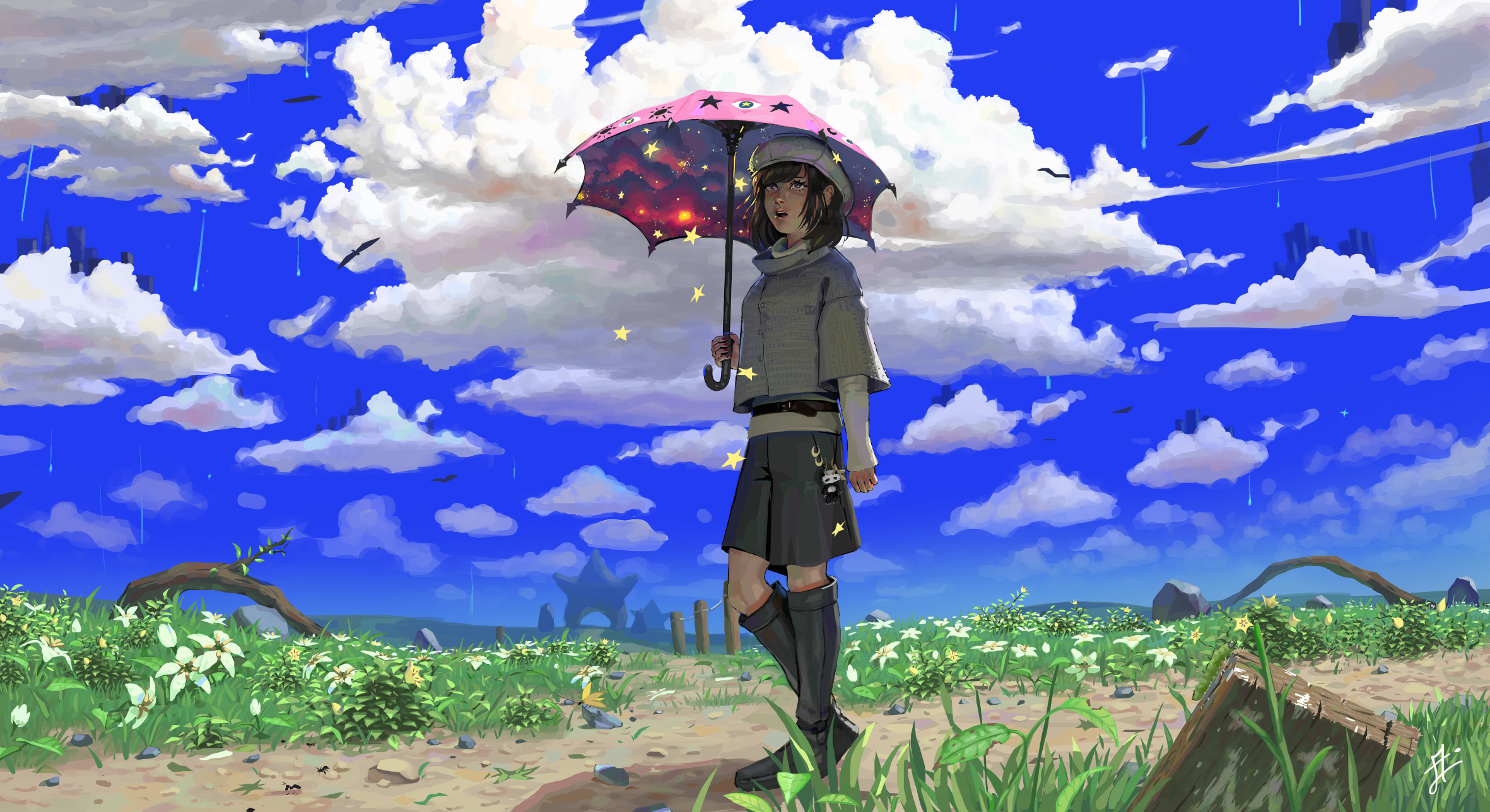 Anime 2362x1288 anime original characters umbrella landscape sky anime girls