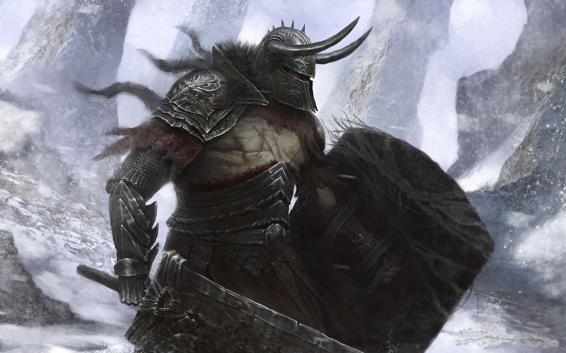 General 1920x1200 warrior digital art horns shield fantasy art armor winter
