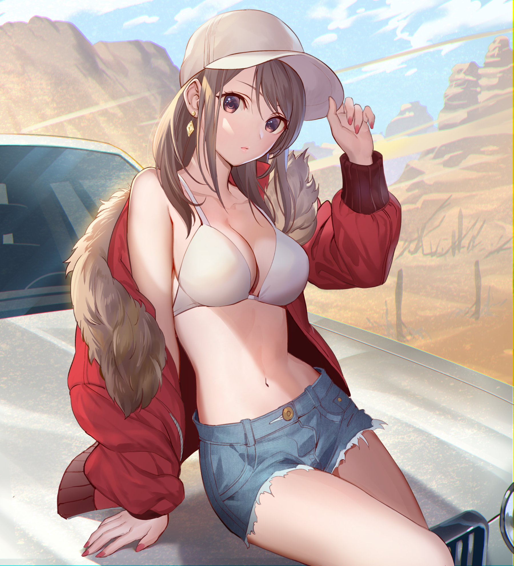 Anime 1800x1980 anime girls anime hat boobs car jean shorts bra Teffish artwork