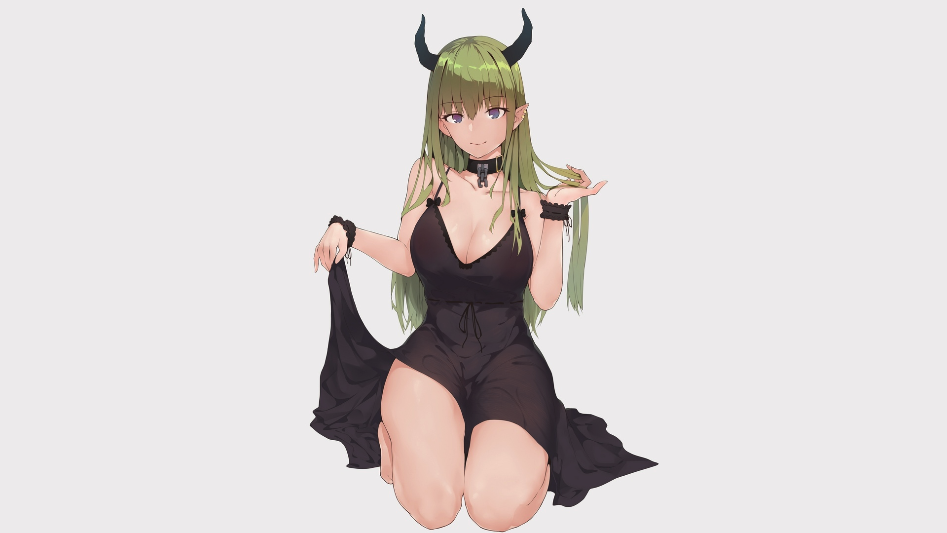 Anime 1920x1080 anime girls demon horns long hair green hair horns dress cleavage