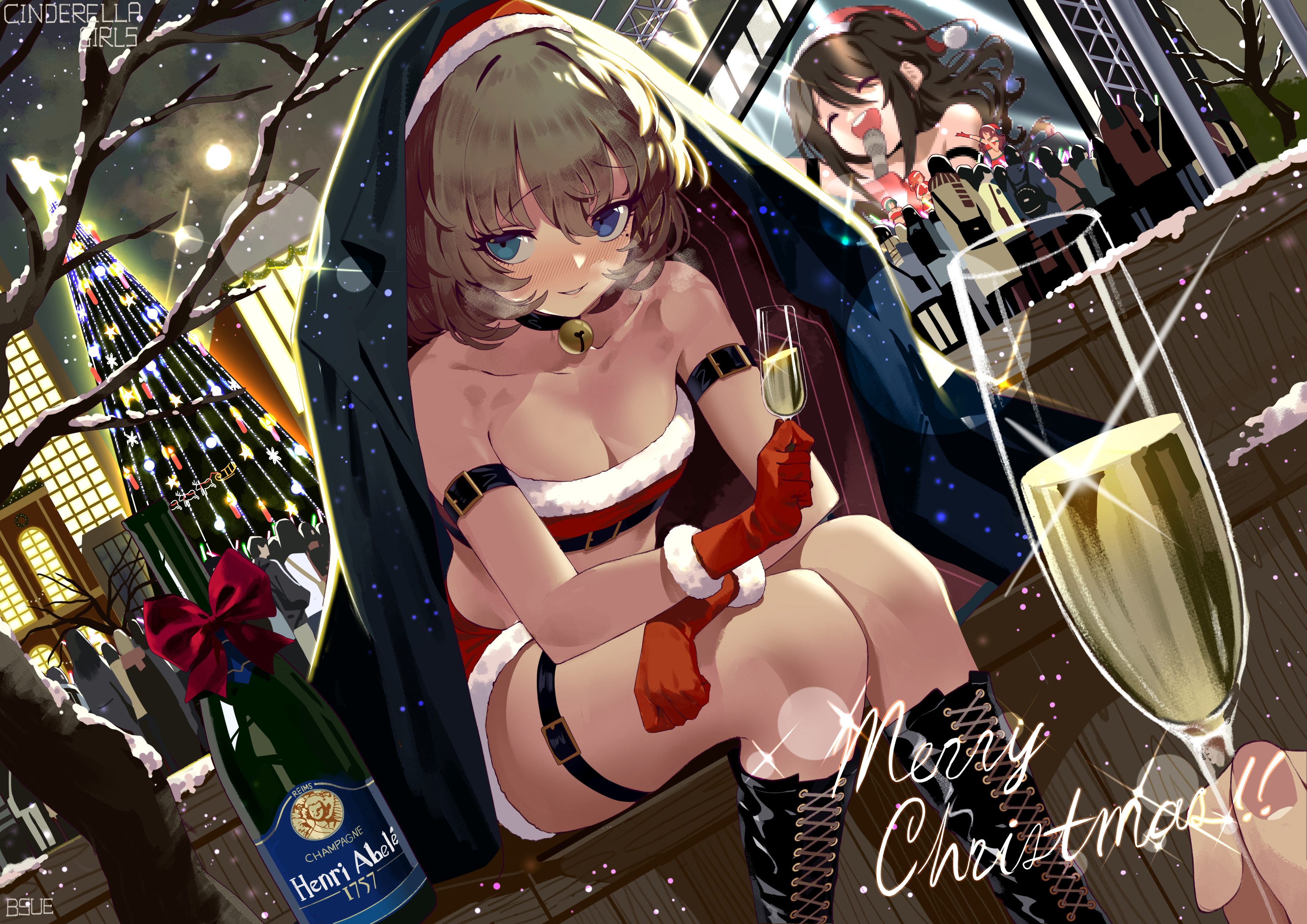 Anime 3508x2480 anime girls anime THE iDOLM@STER: Cinderella Girls sitting cleavage Christmas Santa hats Takagaki Kaede Santa girl bare shoulders heterochromia blushing THE iDOLM@STER Bsue gloves red gloves POV