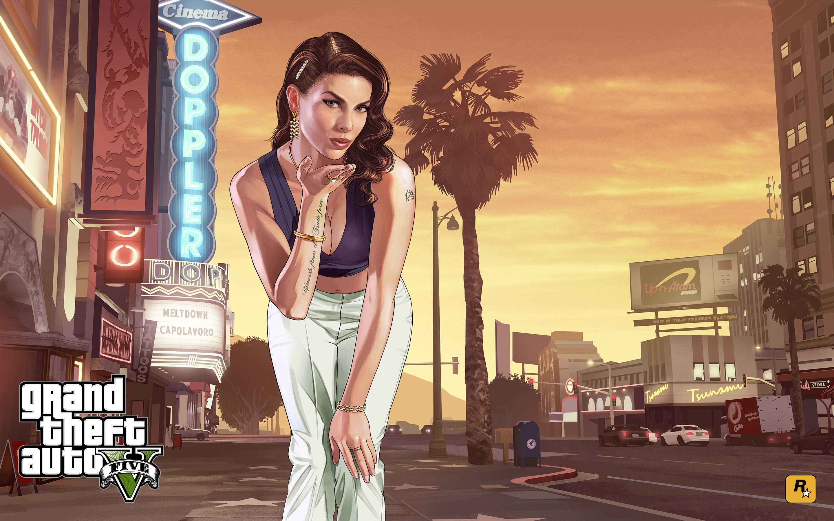 General 2880x1800 Rockstar Games video games video game art Grand Theft Auto Grand Theft Auto V PC gaming palm trees city urban video game girls bracelets inked girls brunette looking at viewer
