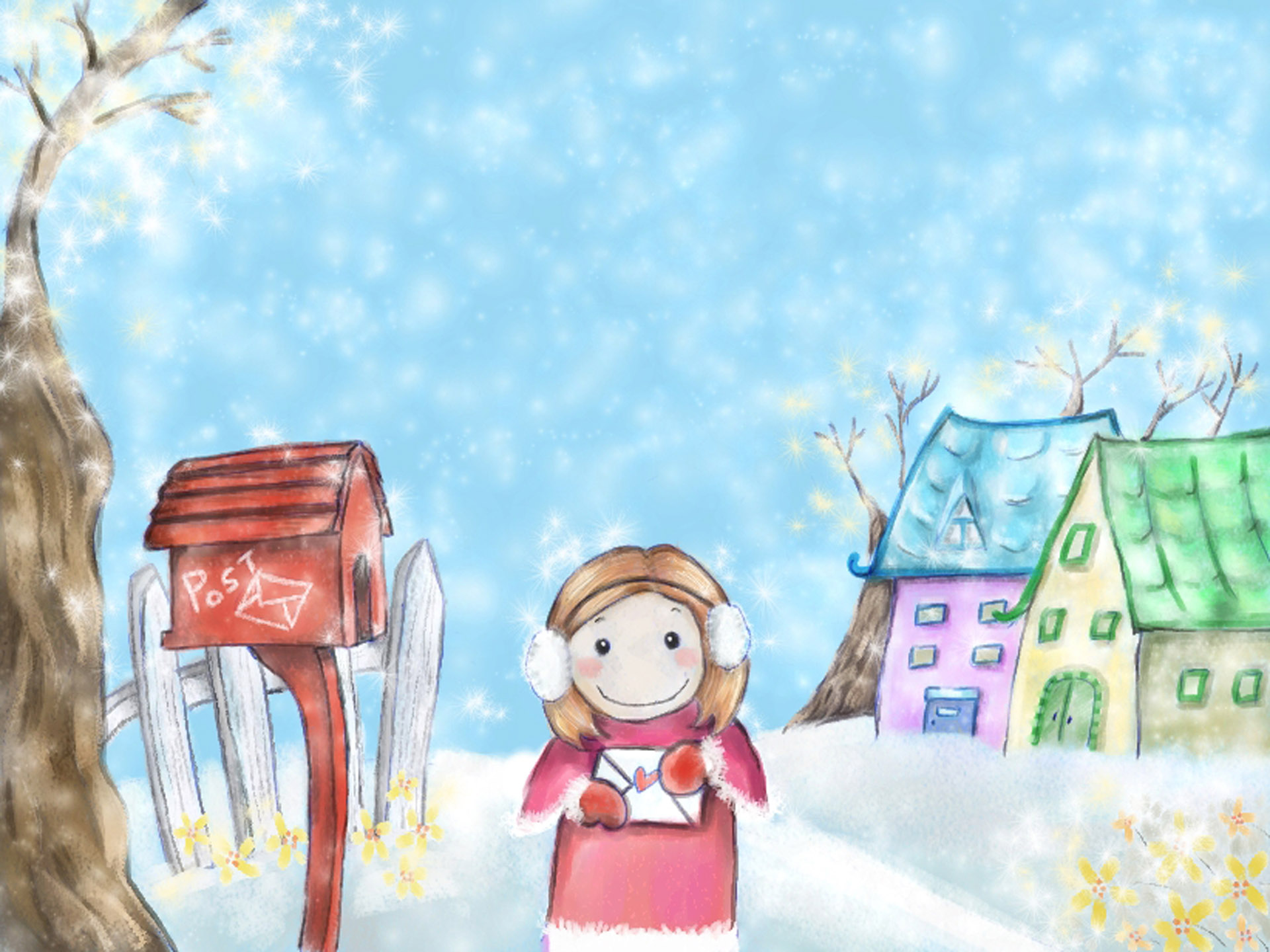 General 1920x1440 children mailbox smiling digital art artwork closed mouth short hair letter winter snow house ear muffs looking at viewer