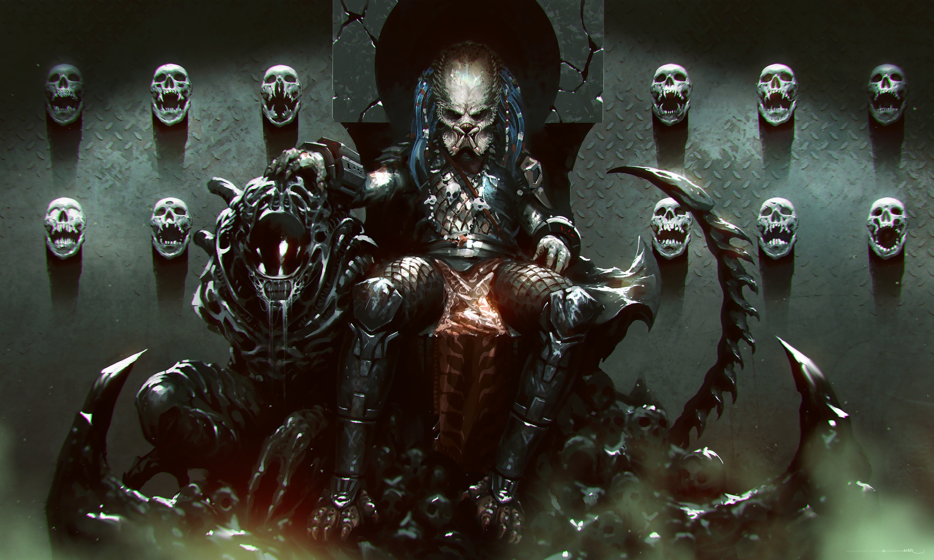 General 1920x1152 aliens predator (creature) artwork Xenomorph digital art science fiction skull horror crossover