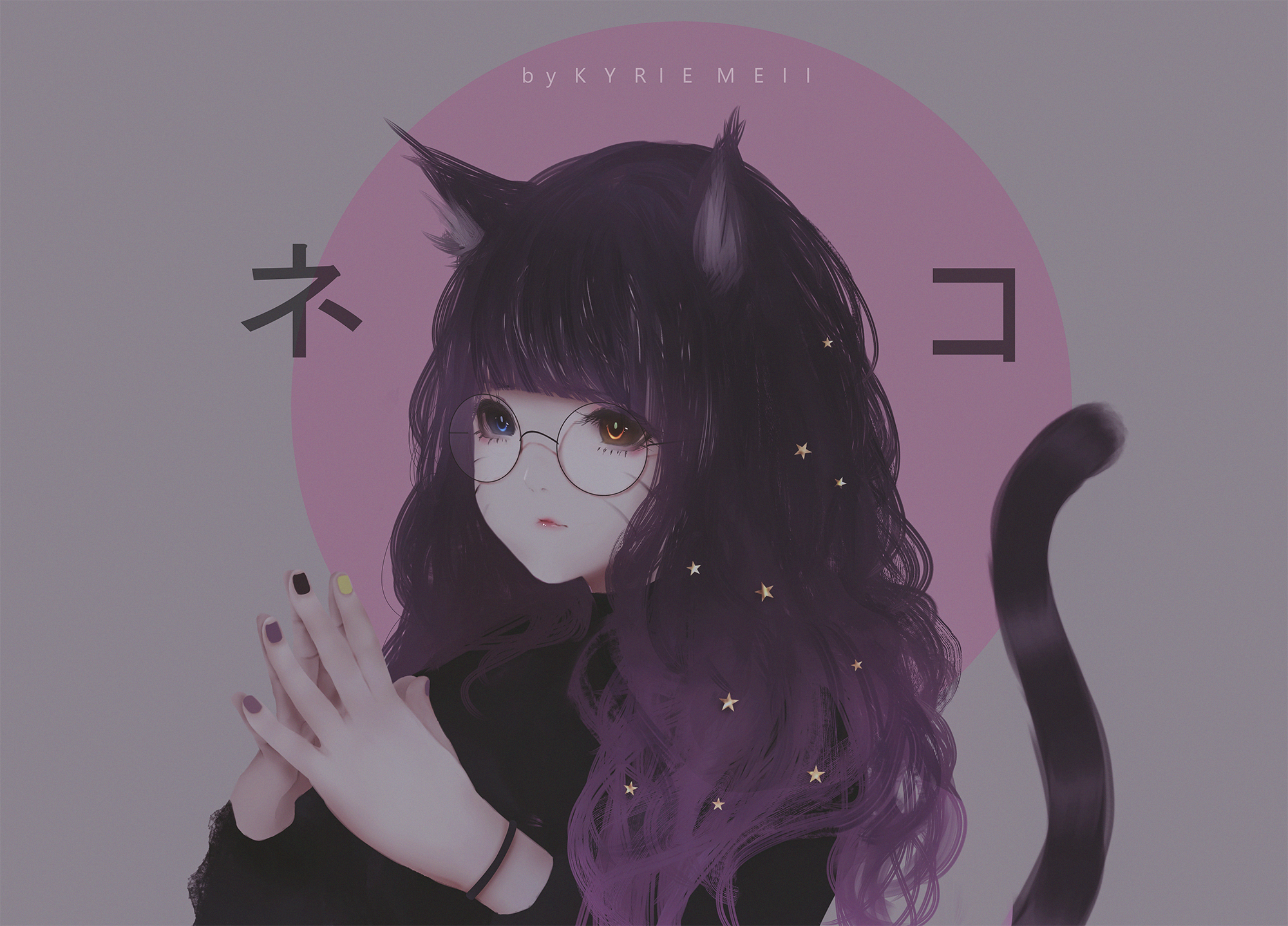 Anime 2000x1438 anime girls anime Kyrie Meii simple background gray background purple hair tail cat ears face heterochromia