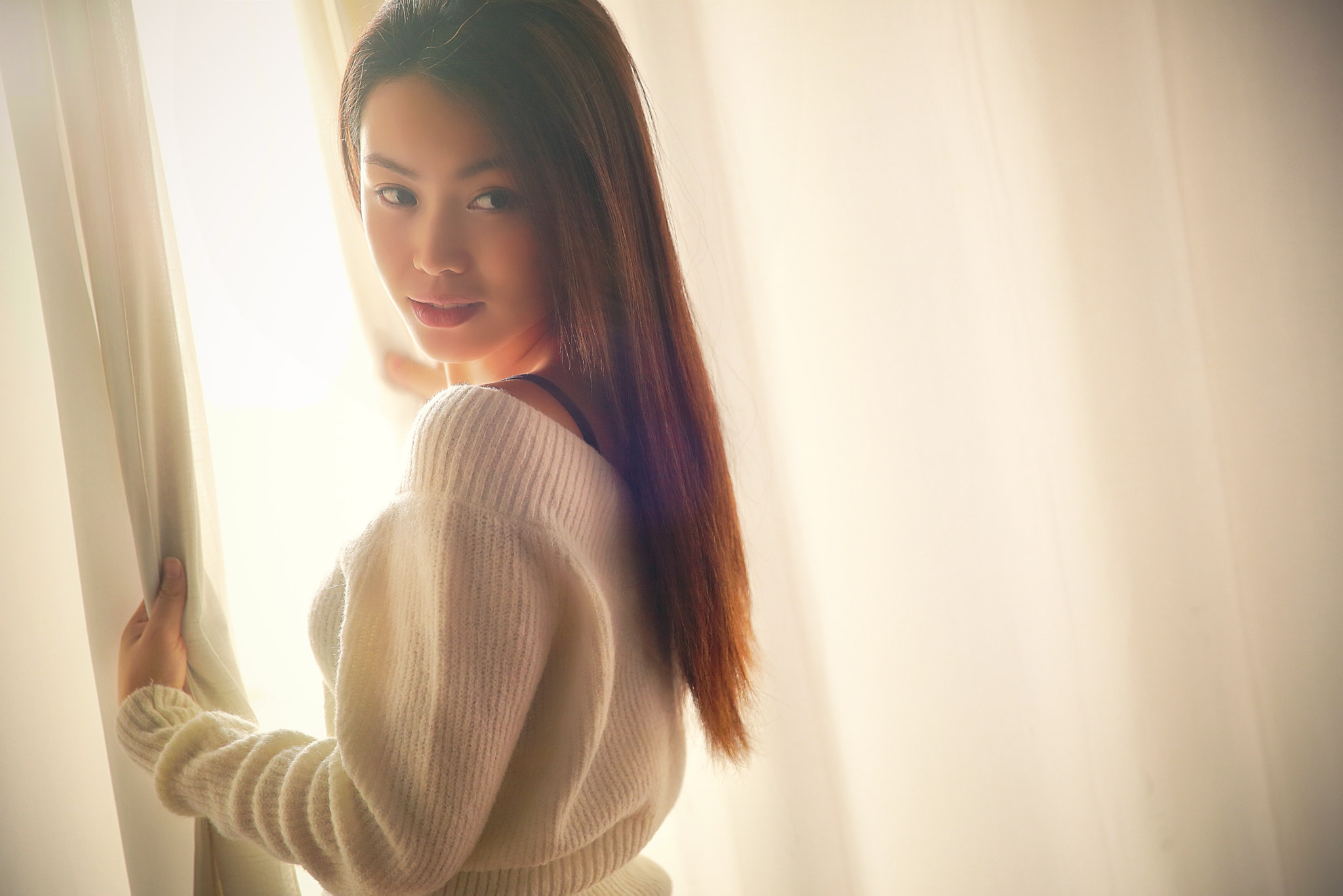 People 2048x1367 women model looking at viewer sweater brunette Asian