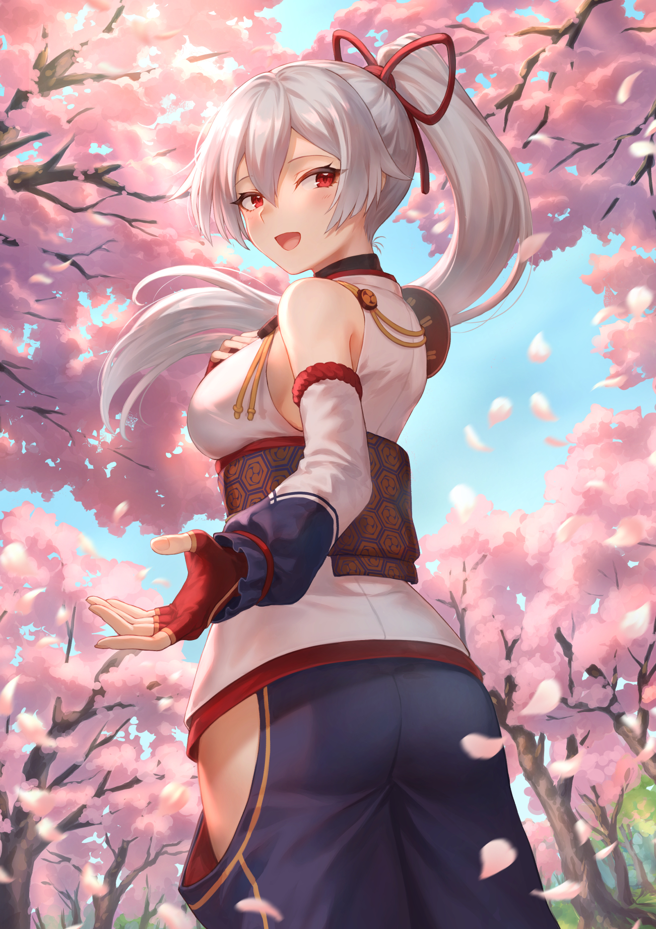 Anime 1302x1842 anime anime girls digital art artwork portrait display Fate/Grand Order Tomoe Gozen (Fate/Grand Order) red eyes open mouth ponytail trees sky silver hair petals cherry blossom Fate series Mashu 003