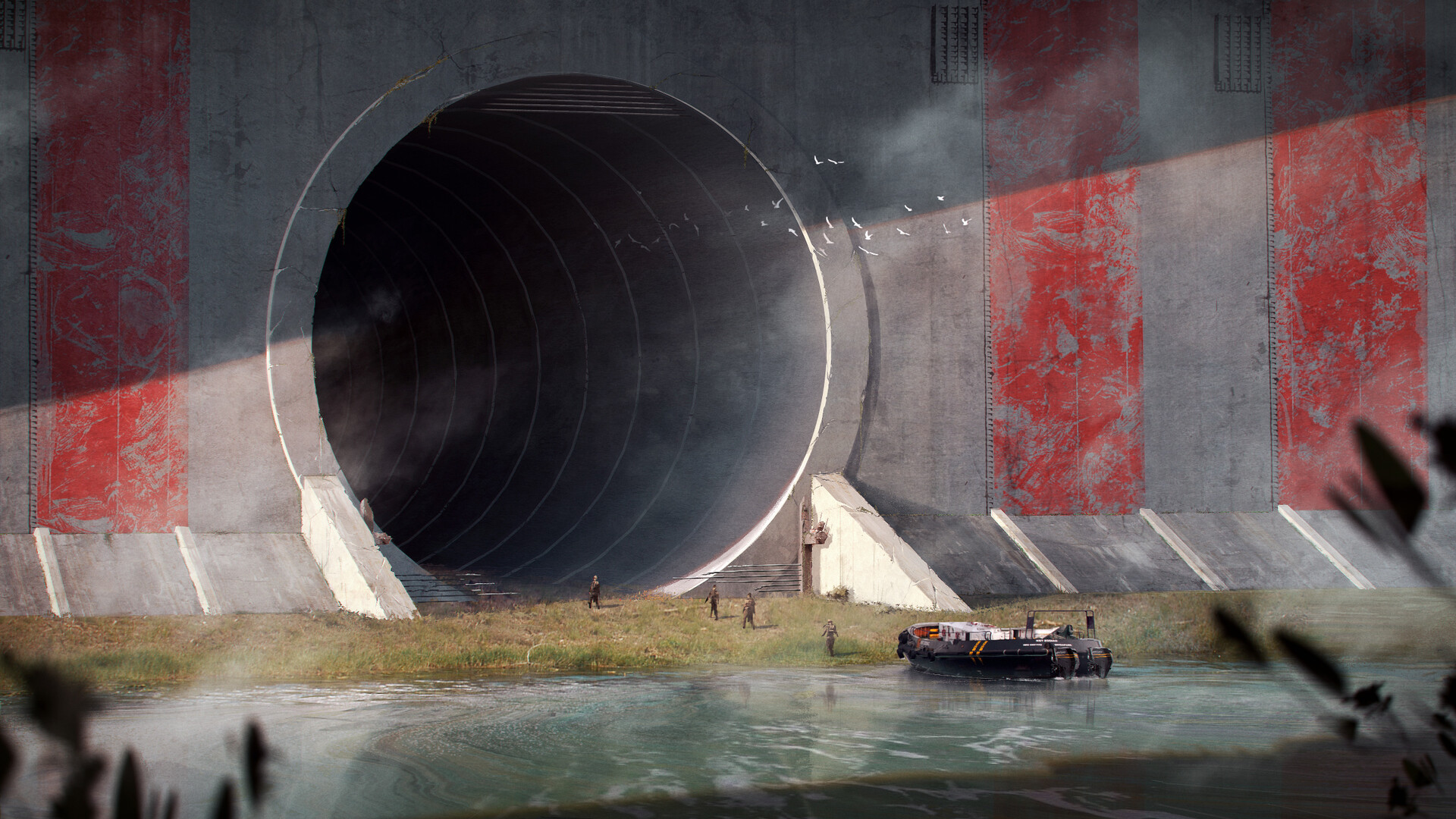 General 1920x1080 architecture tunnel boat environment concrete military birds water stripes