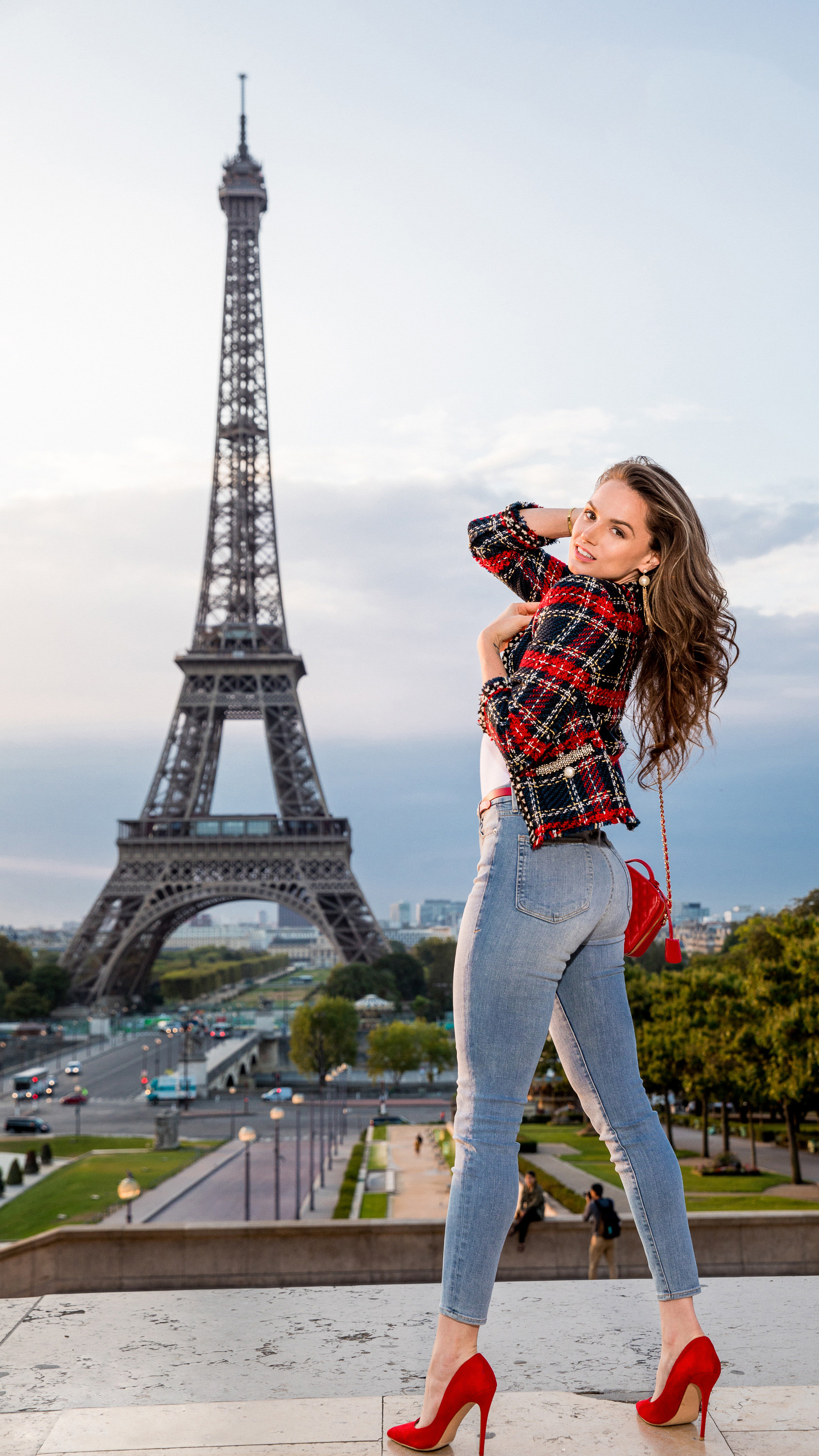 People 1687x2999 Tori Black women model pornstar women outdoors jeans red heels Eiffel Tower France Paris fashion landmark Europe American women Tushy portrait display