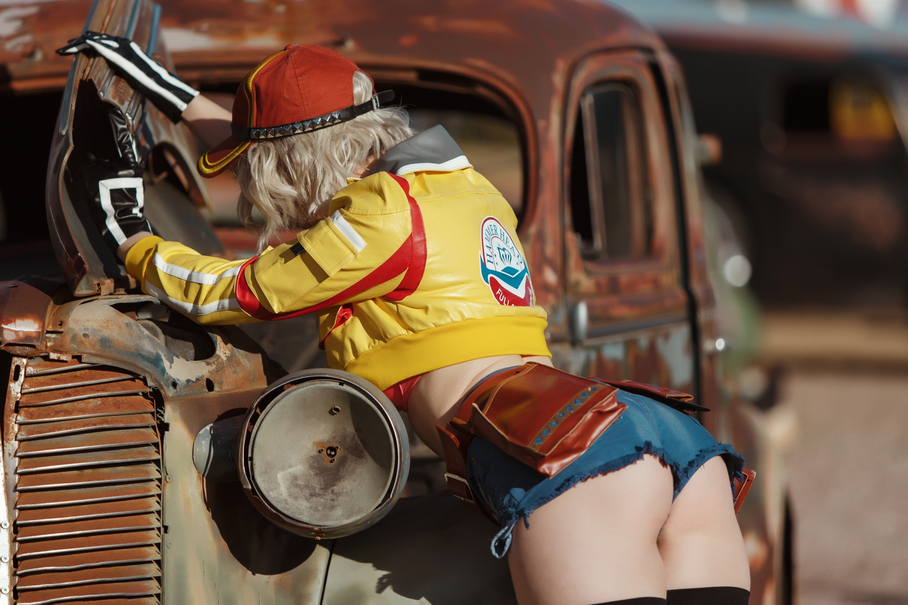 People 1800x1200 Holly Wolf women model blonde Final Fantasy XV video games cosplay video game characters video game girls baseball cap jacket yellow jacket belt jean shorts high waisted shorts ass thigh-highs women with cars gloves mechanics outdoors women outdoors Cindy Aurum