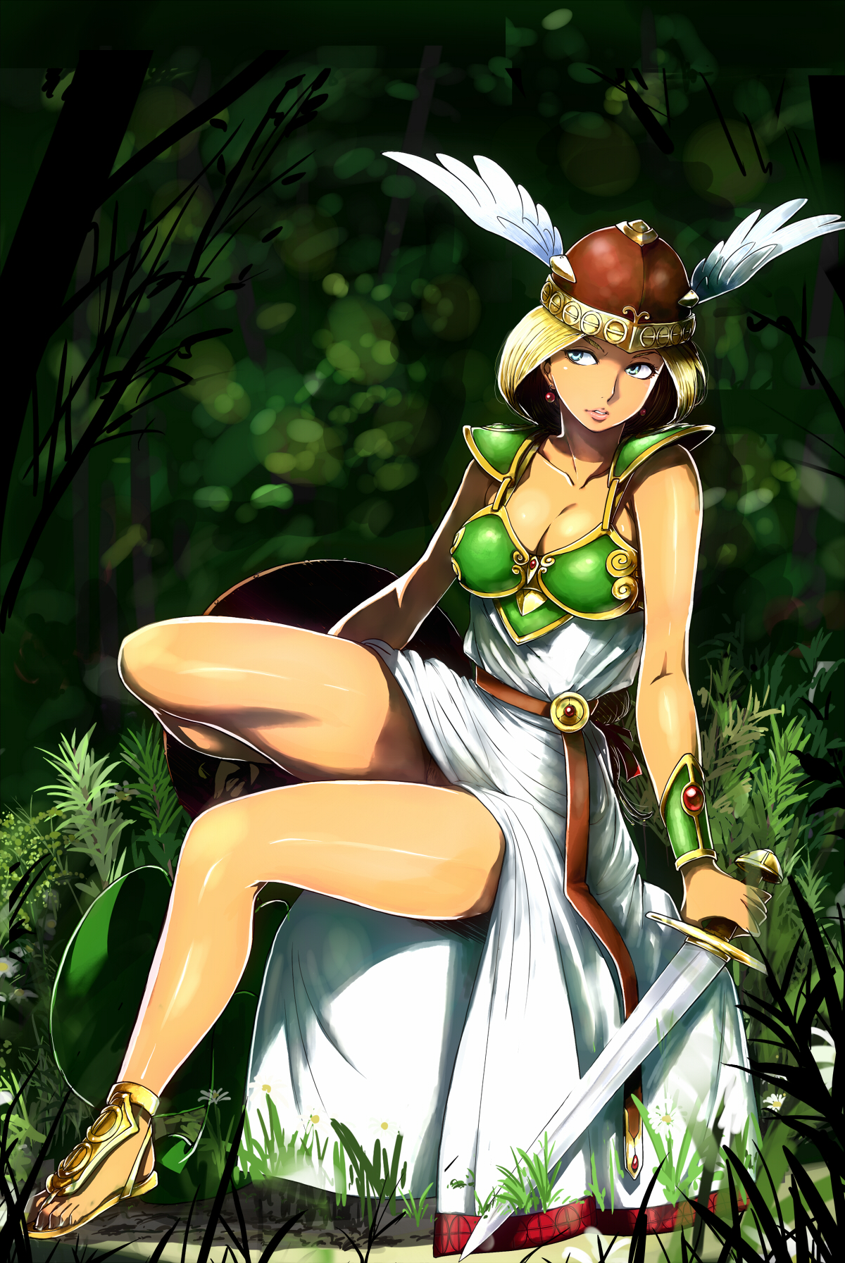 Anime 1200x1793 bikini armor bikini The Legend of Valkyrie Valkyrie (The Legend of Valkyrie) armor blonde cleavage collarbone dress earring forest helmet jewelry legs long hair sandals shoulder pads sitting sword thighs weapon outdoors