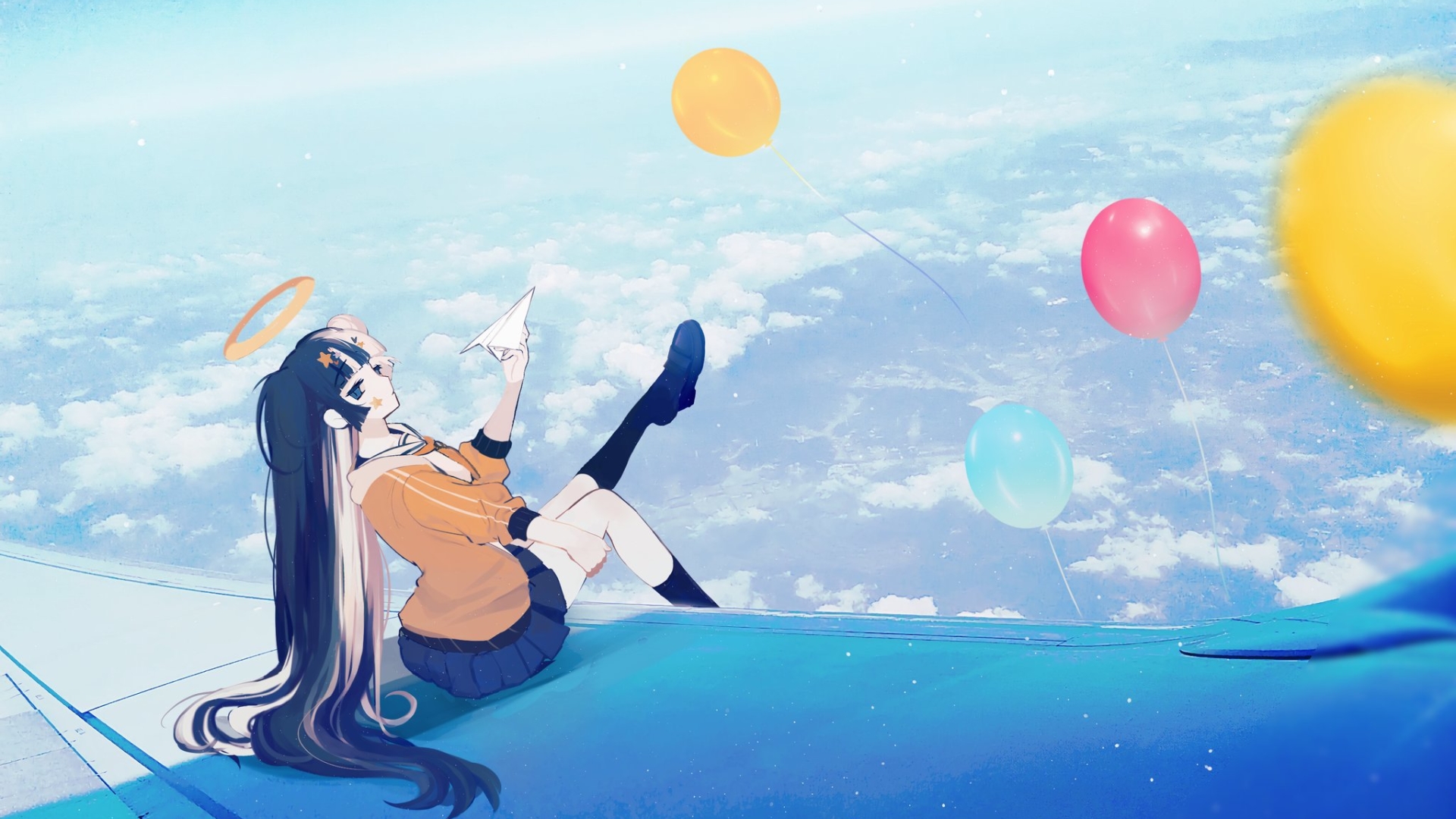 Anime 1920x1080 anime anime girls sky long hair balloon clouds