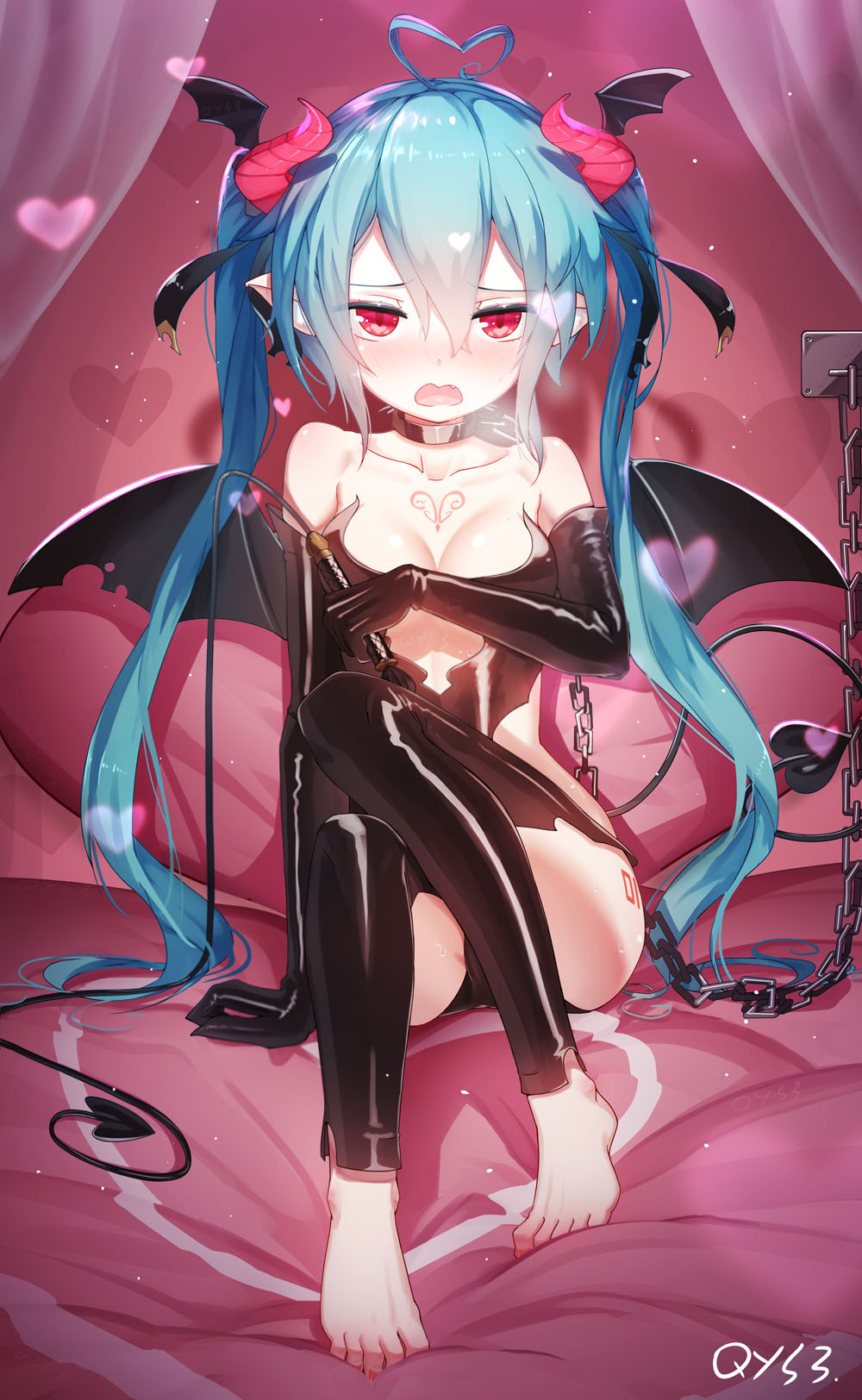 Anime 1000x1624 anime girls digital art portrait display anime barefoot in bed horns wings tail demon girls succubus blue hair twintails red eyes blushing collar chains Vocaloid Hatsune Miku Bai Yemeng womb tattoo