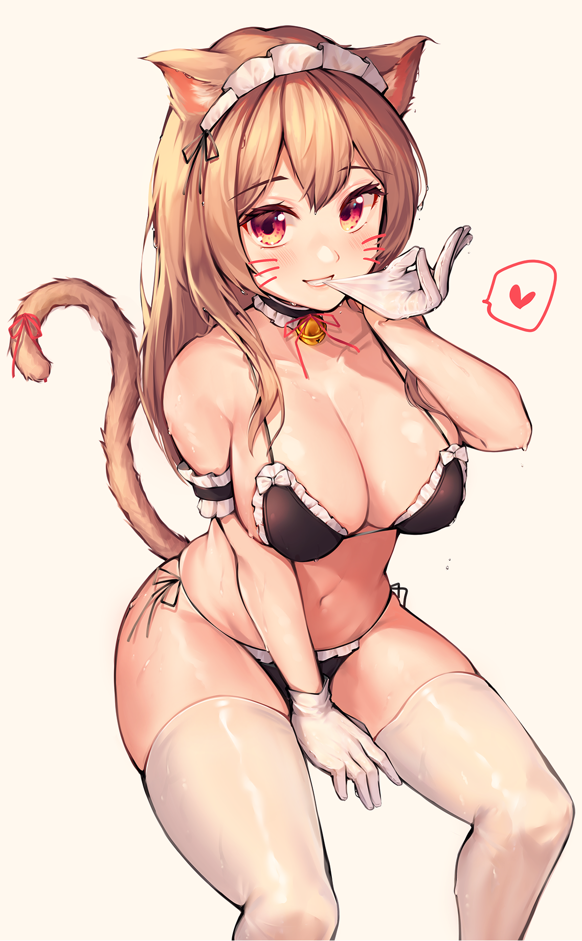 Anime 1138x1840 anime girls portrait display cat girl original characters anime speech bubble gloves cat ears red eyes thigh-highs simple background cat tail tail animal ears cleavage maid bikini big boobs hand(s) between legs Hakushoku N